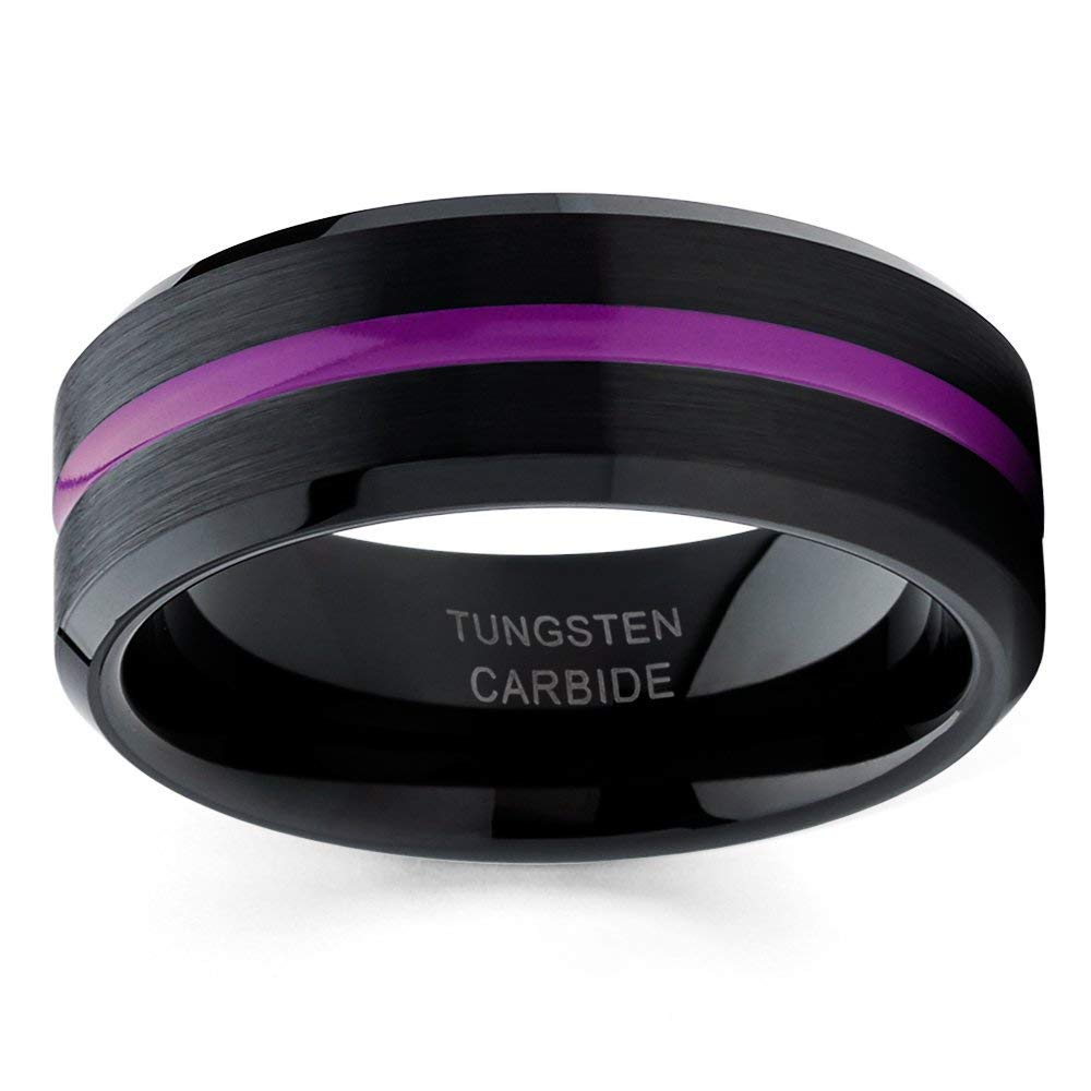 Black Tungsten Wedding Band for Men - 8mm Comfort Fit Ring - Purple Tungsten Engagement & Anniversary Ring - Durable & Scratch Resistant - Perfect for Everyday Wear & Special Occasions