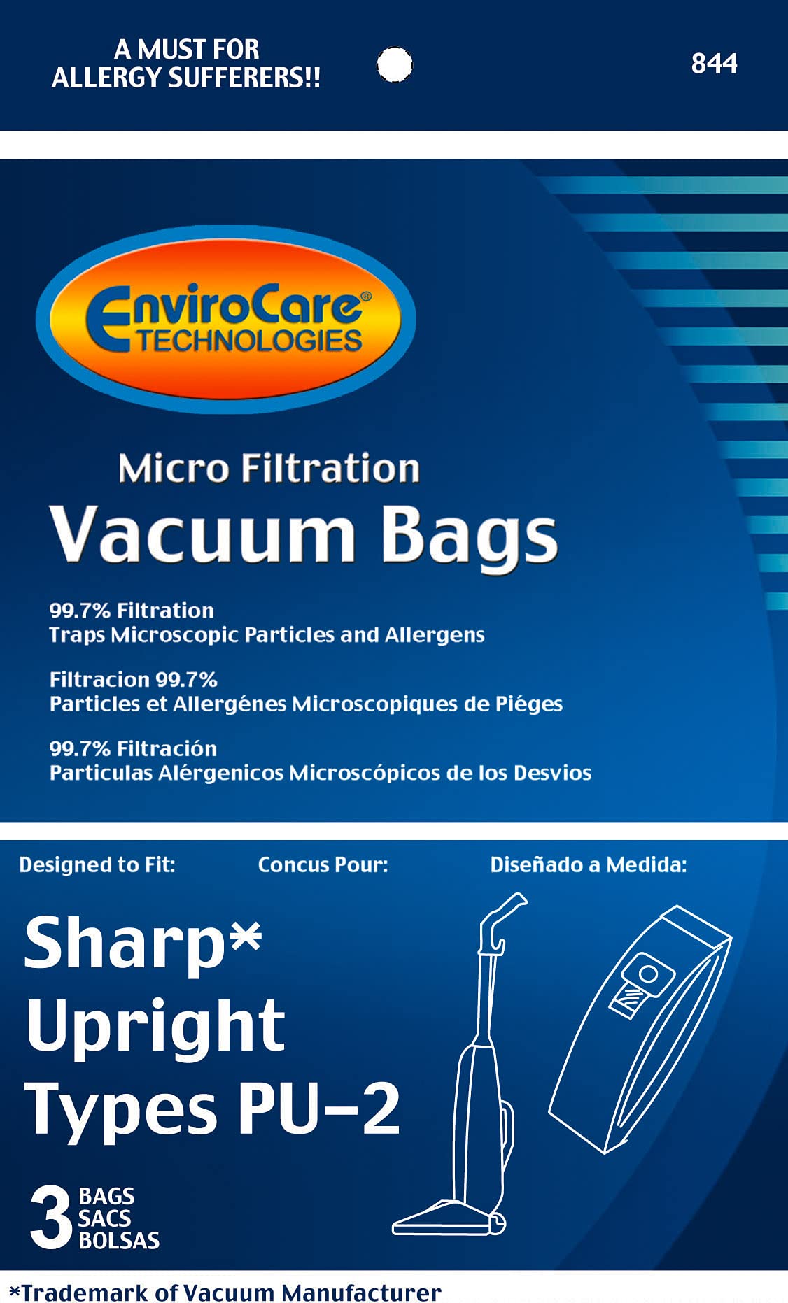EnviroCare 844 3-Pack Sharp Style PU-2 Microfiltration Upright Vacuum Cleaner Bags - White | HEPA Filtration Replacement Bags for Dust & Allergens | Perfect for Homes with Pets, Allergies & Hardwood Floors