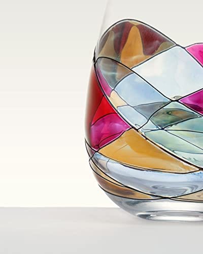 Antoni Barcelona 21Oz Stemless Wine Glasses Set of 2 - Hand Painted Mouth Blown Sagrada Familia Gaudi Style Crystal Glasses - Unique Gift for Art Lovers & Wine Enthusiasts - Perfect for Dinner Parties, Weddings & Home Decor