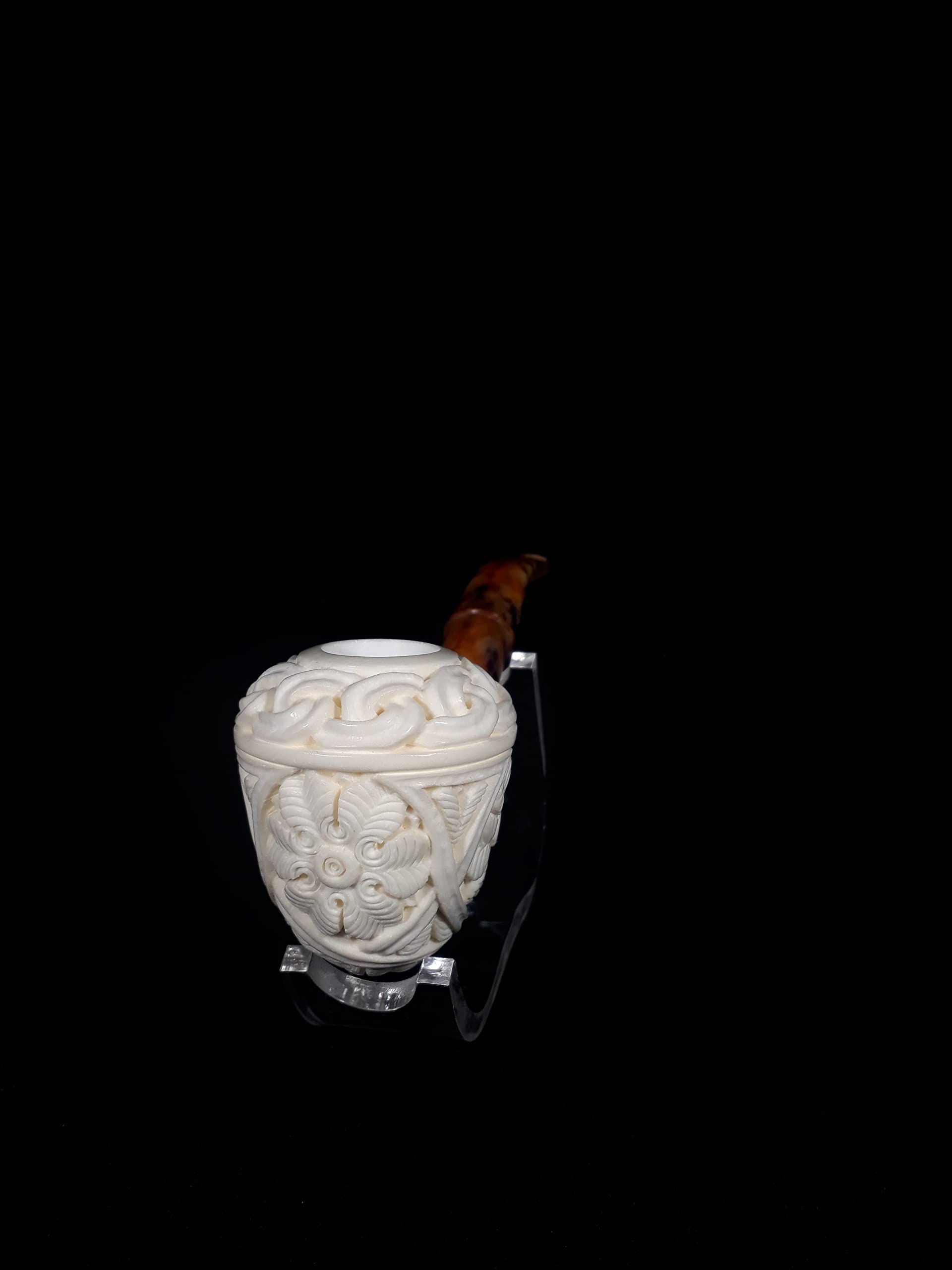 Premium Meerschaum Smoking Pipe with Floral Embossed Design & Bent Stem - Handcrafted Block Meerschaum for Smooth Tobacco Enjoyment - Perfect for Relaxation, Collectors & Gift Giving