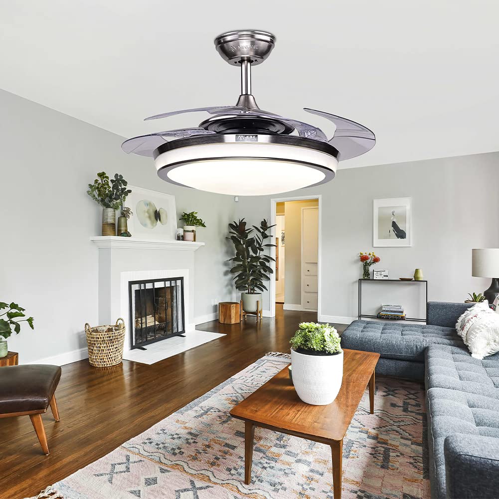 42 Inch Retractable Blade Ceiling Fan with Remote Control & LED Light - Silent Motor, Modern Chandelier Fan for Bedroom, Living Room, and Dining Room
