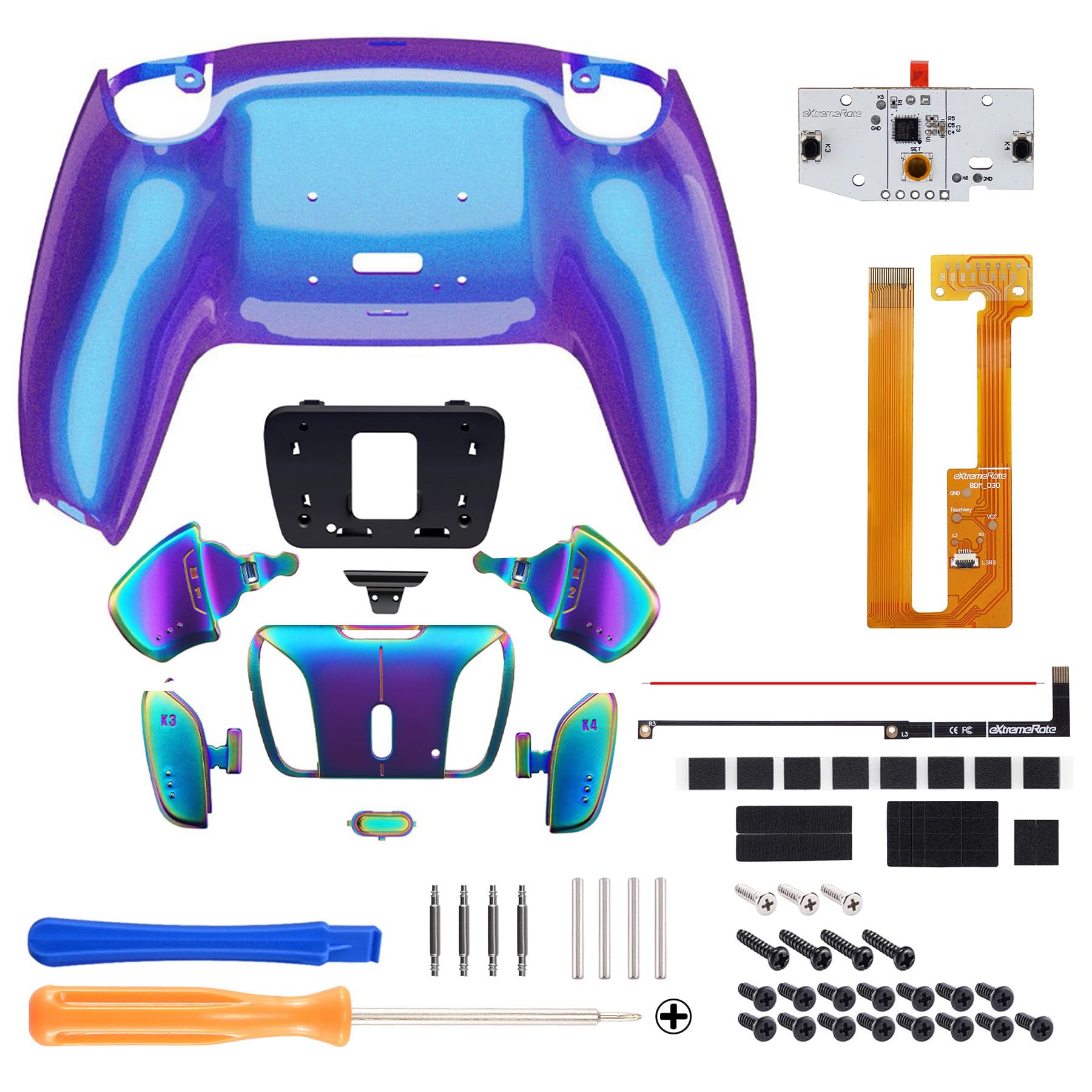 eXtremeRate Programmable RISE4 Remap Kit for PS5 Controller BDM-030/040 - Real Metal Buttons (RMB) Remap Board, Back Plate Case & Metal Back Paddles - Purple Blue & Aura Blue Purple | Custom Controller Mod for Gaming, FPS & Competitive Play