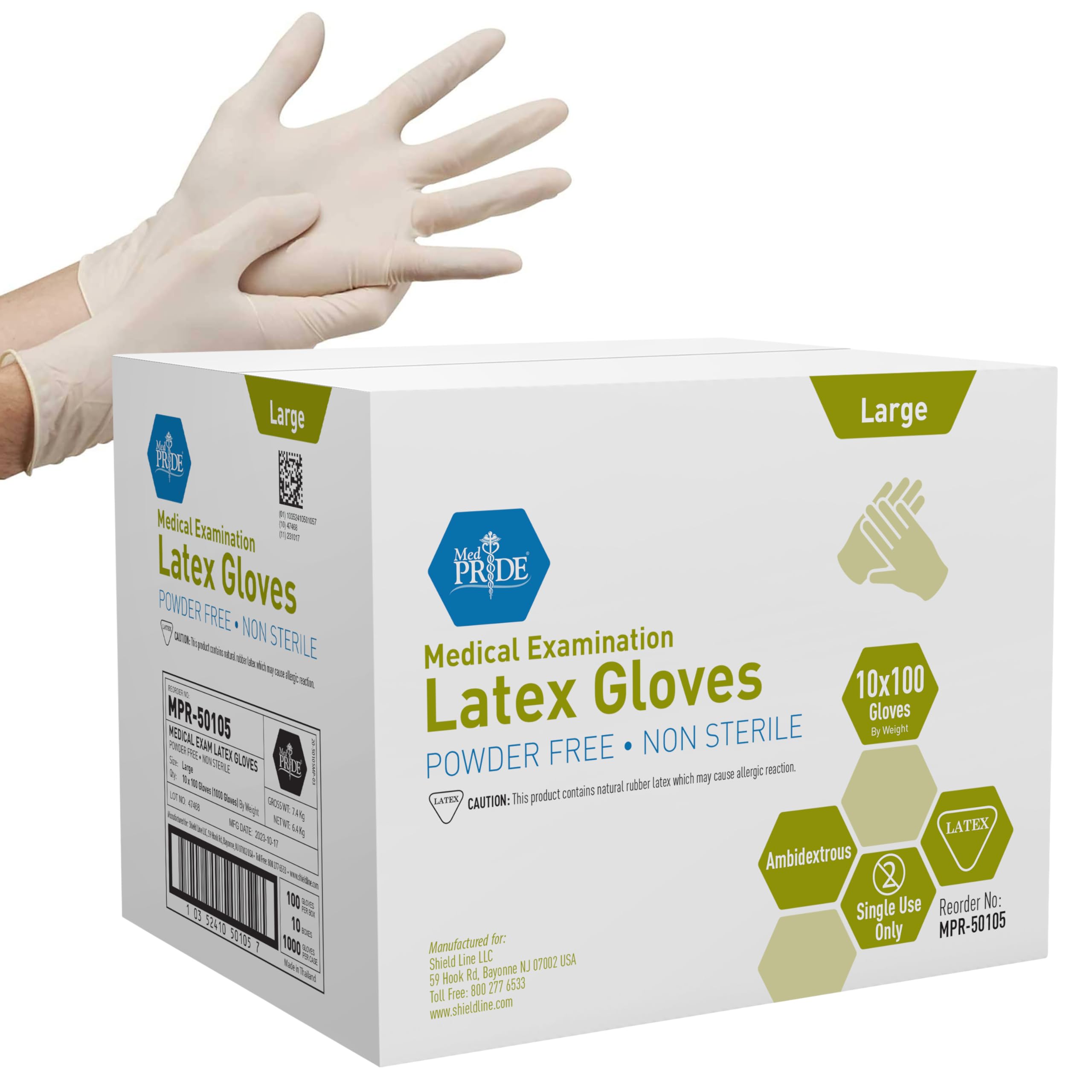 MED PRIDE Latex Exam Gloves - Large, 1000 Count | 5 Mil Thick, Powder-Free Disposable Gloves for Medical, Dental, Food Service & Cleaning | FDA Approved for Healthcare Professionals & Restaurant Workers