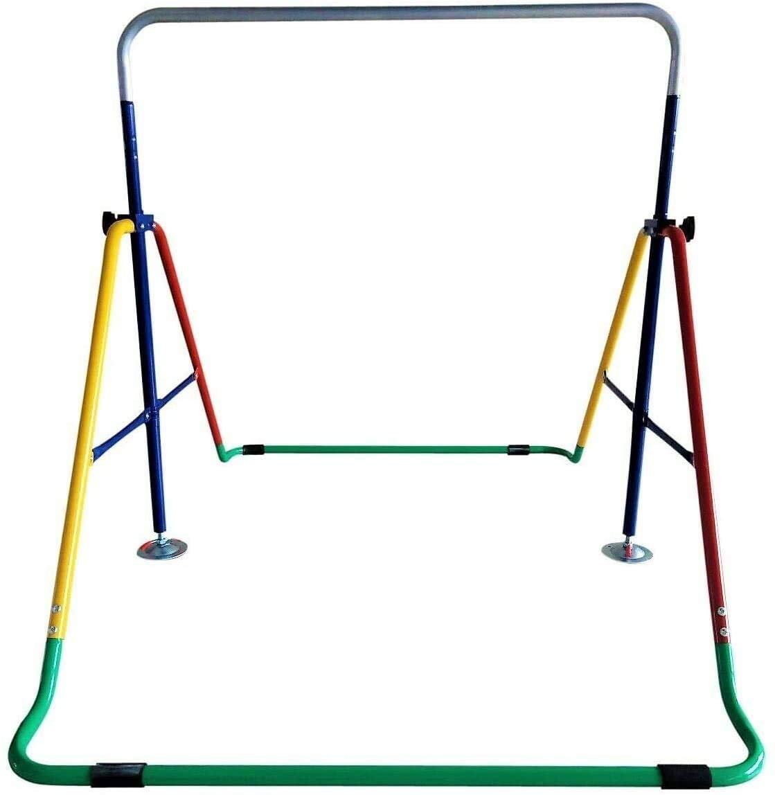 4-in-1 Kids Jungle Gym Set - Adjustable Monkey Bars, Swing Set, Trapeze Rings & Basketball Net - Foldable Horizontal Gymnastics Playground Equipment for Backyard, Indoor & Outdoor Kids Activities