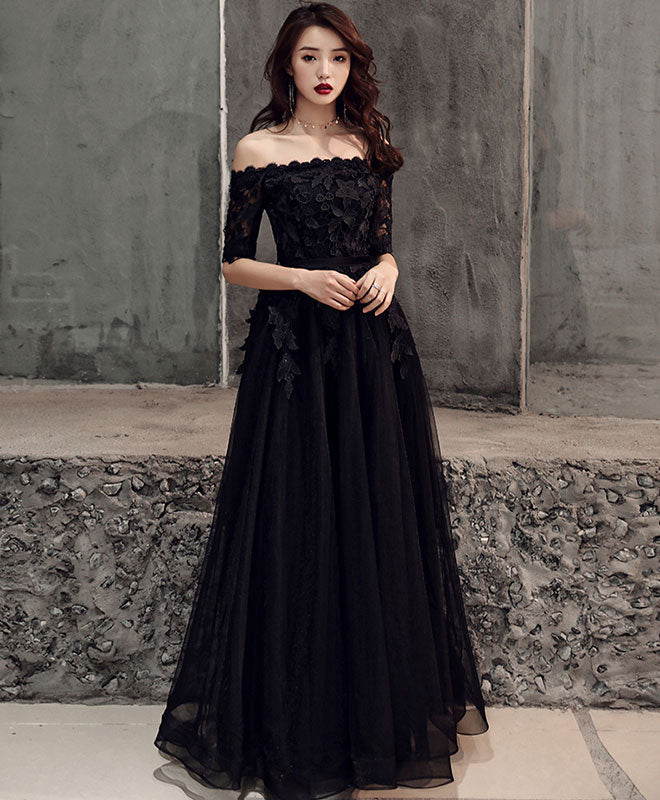 Elegant Black Tulle Lace Long Prom Dress with Floral Appliques - Formal Evening Gown for Homecoming, Wedding, Quinceañera & Special Occasions