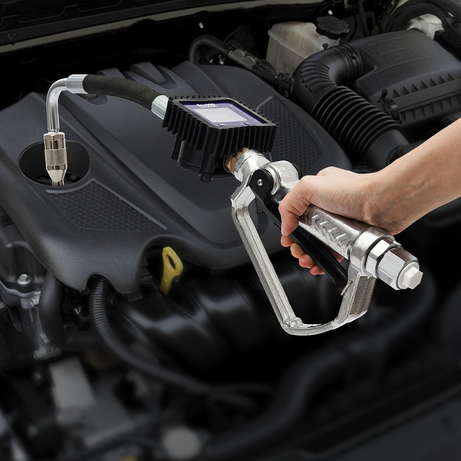 Heavy-Duty Digital Pneumatic Oil Gun with Oil Control Valve & Meter Nozzle - 0.5% Accuracy for Gear Oil, Engine Oil, Motor Oil, Kerosene, Light Diesel - Perfect for Auto Repair Shops, Industrial Lubrication & Fleet Maintenance (Soft Tube Included)