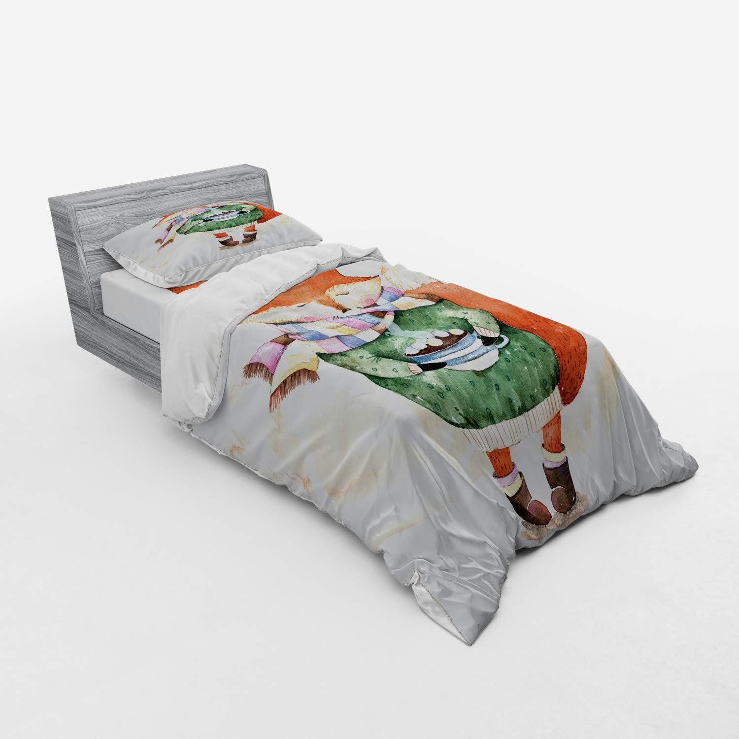 Ambesonne 3-Piece Animal Duvet Cover Set - Little Fox & Bird Tea Time Friends Theme, Twin XL Size, Orange & Green | Soft Bedding for Kids Room, Guest Bedroom & Dorm Decor