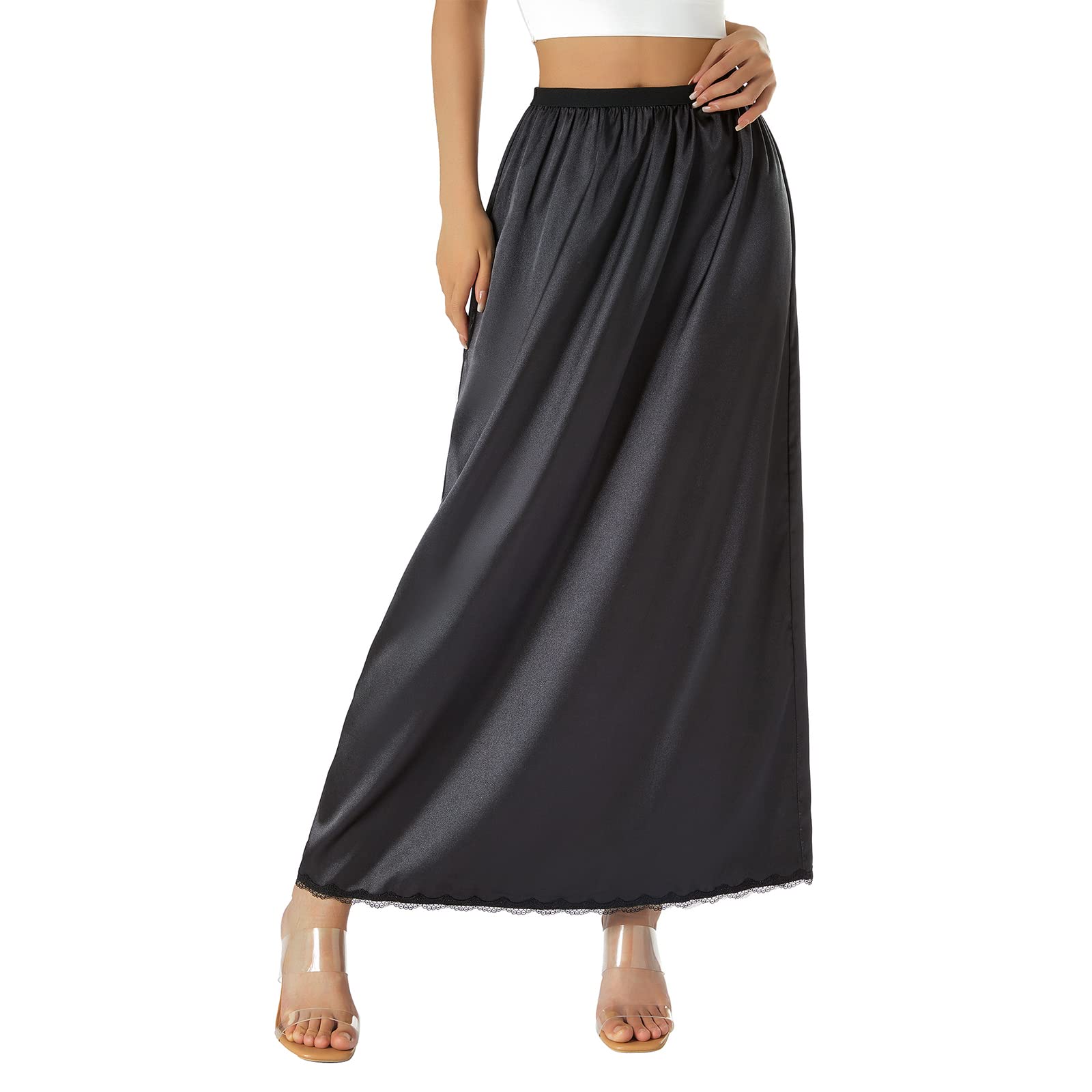 FULA-bao Women's Satin Half Slip - Long Underskirt Dress Extender with Lace Trim - Maxi Skirt for Under Dresses - Perfect for Formal Events, Weddings & Everyday Wear