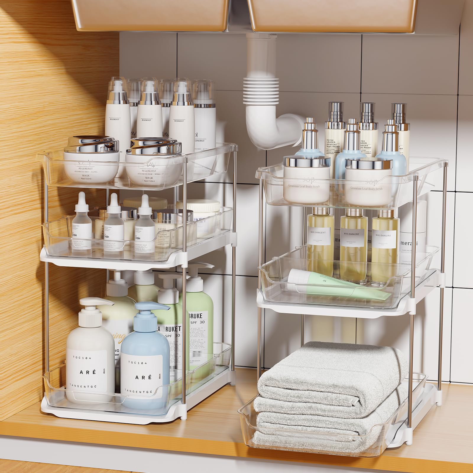 Delamu 2-Pack 3-Tier Under Sink Organizer Set - Stackable Bathroom & Kitchen Storage with Adjustable Dividers - Clear Pull-Out Cabinet Organizer for Pantry, Bathroom & Closet Organization (Perfect for Small Spaces & Home Organization)