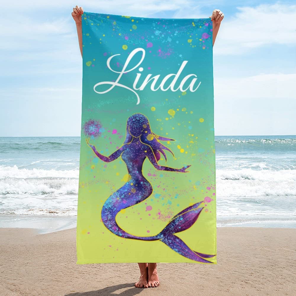 BUY JOY Personalized Mermaid Beach Towel for Women & Girls - Large 30×60 Inch Quick Dry Bath & Pool Towel with Custom Name - Perfect for Beach Vacations, Swimming Pools, and Summer Outings