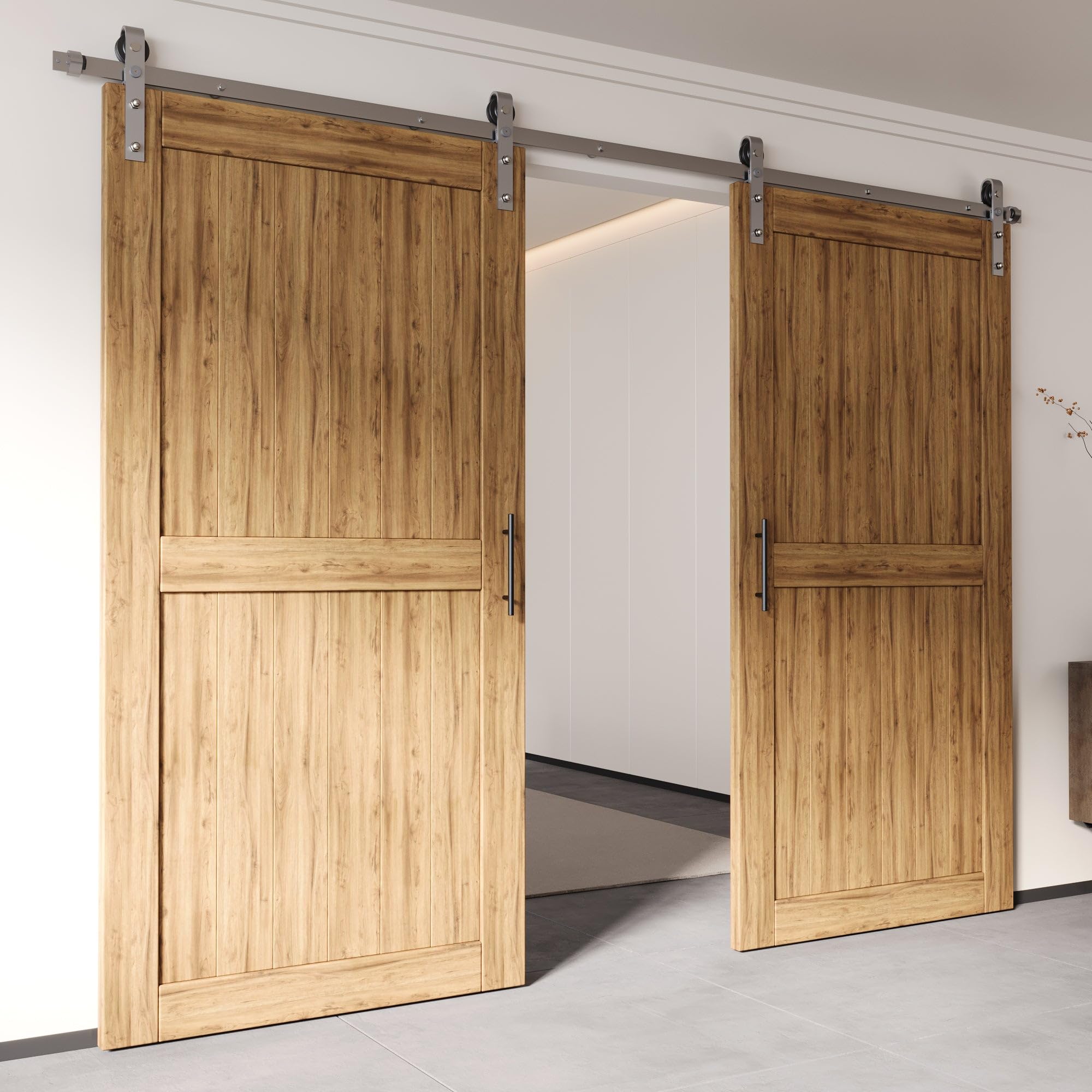 Homacer Brushed Nickel Sliding Barn Door Hardware Kit - Heavy Duty 9ft Flat Track for Double Doors | Classic Roller Design | Interior Use Only (Doors Not Included) | Perfect for Farmhouse, Loft & Modern Home Décor