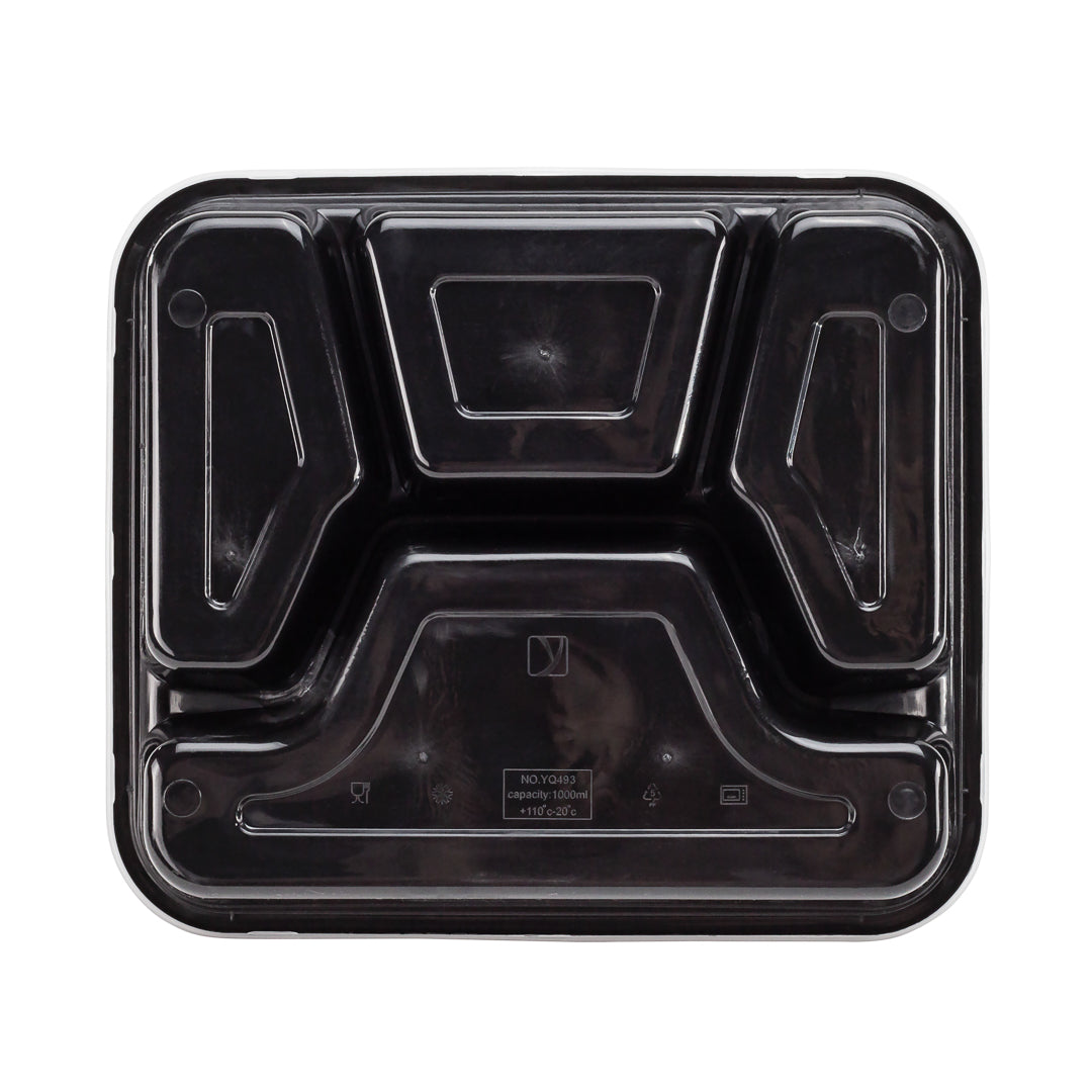34 oz Black Plastic 4-Compartment Meal Prep Containers with Clear Lids - Microwave Safe (8.75