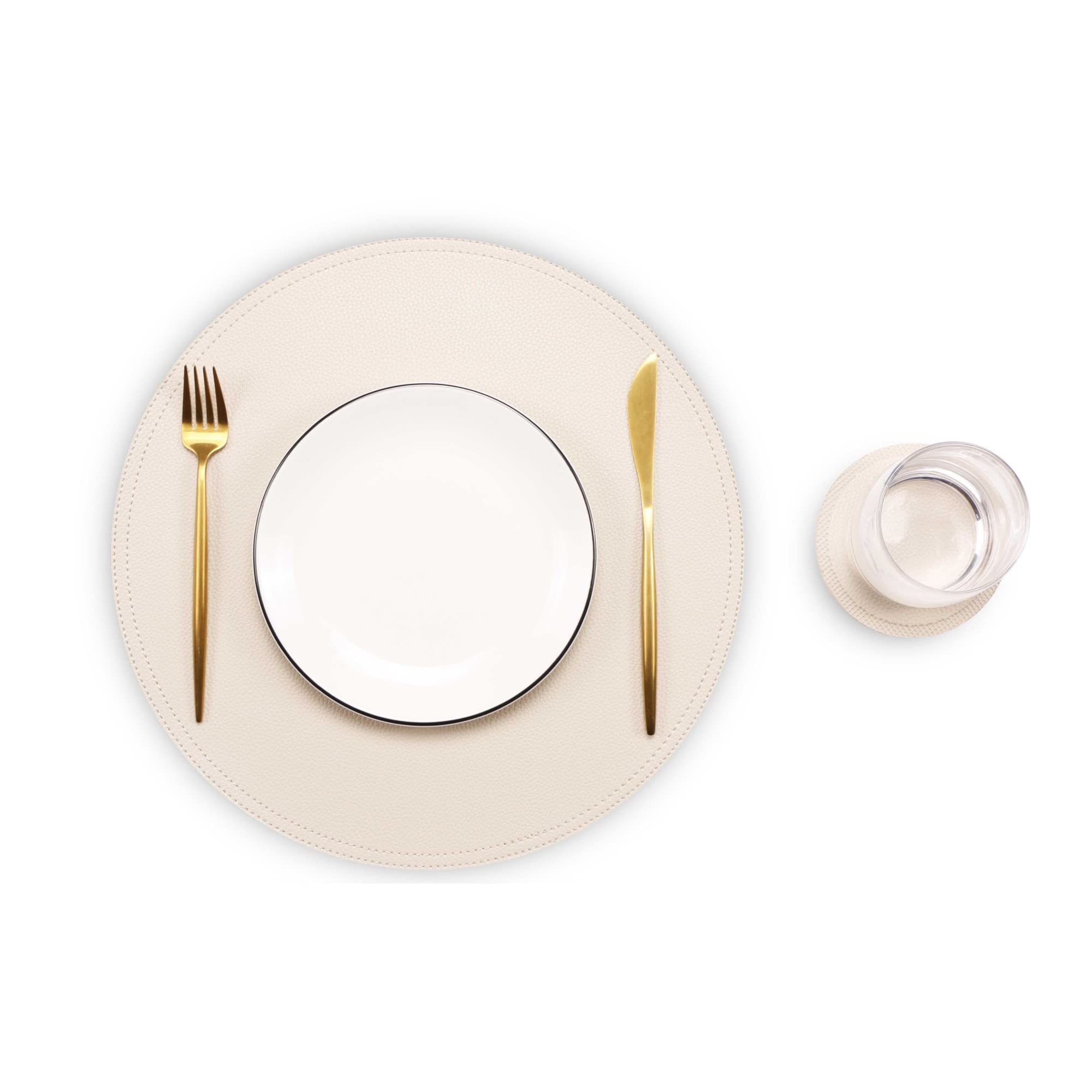 Jovono Set of 8 Faux Leather Round Placemats and Coasters - Waterproof, Easy to Clean Kitchen Table Mats for Coffee, Dining, and Everyday Use