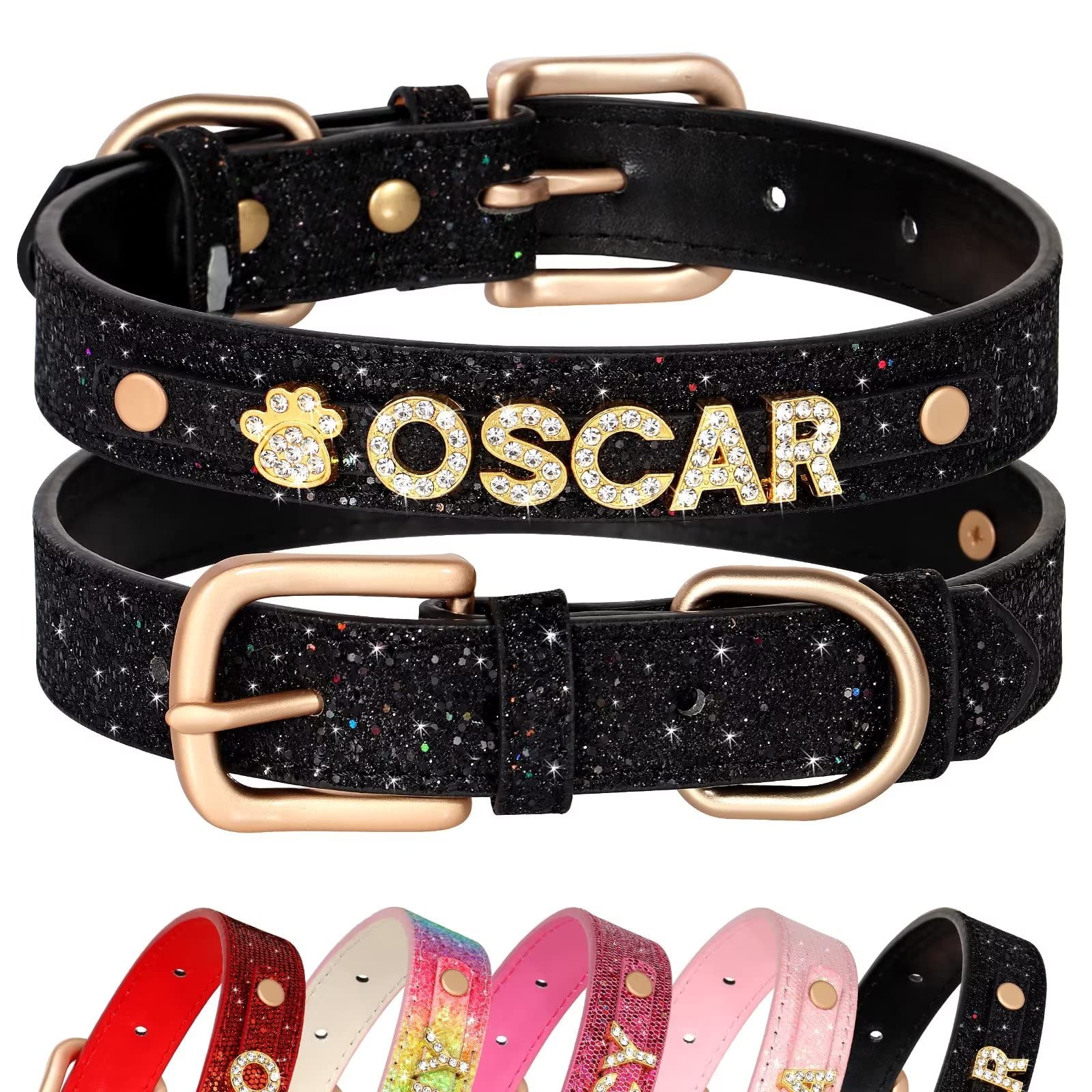 Custom Personalized Glitter Dog Collar with Rhinestones - PU Leather Pet Collar with Name Tag for Small & Medium Dogs & Cats (Black, Medium) - Perfect for Pet Birthdays, Weddings & Special Occasions