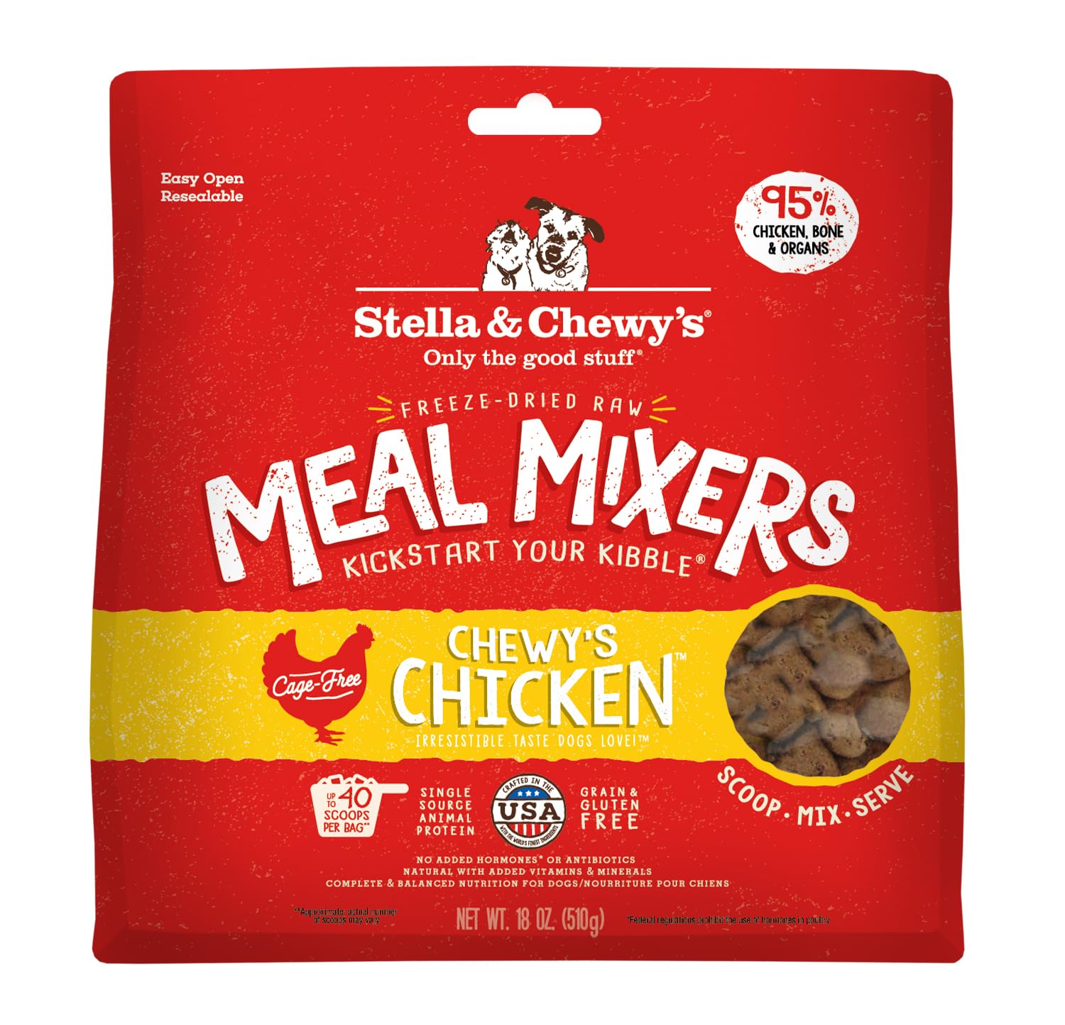 Stella & Chewy's Freeze-Dried Raw Chicken Dog Food Topper - 95% Cage-Free Chicken with Organs & Bone - Grain-Free Meal Mixer for Picky Eaters - 18oz Bag - Perfect for Kibble Topping, Training Treats & Digestive Health
