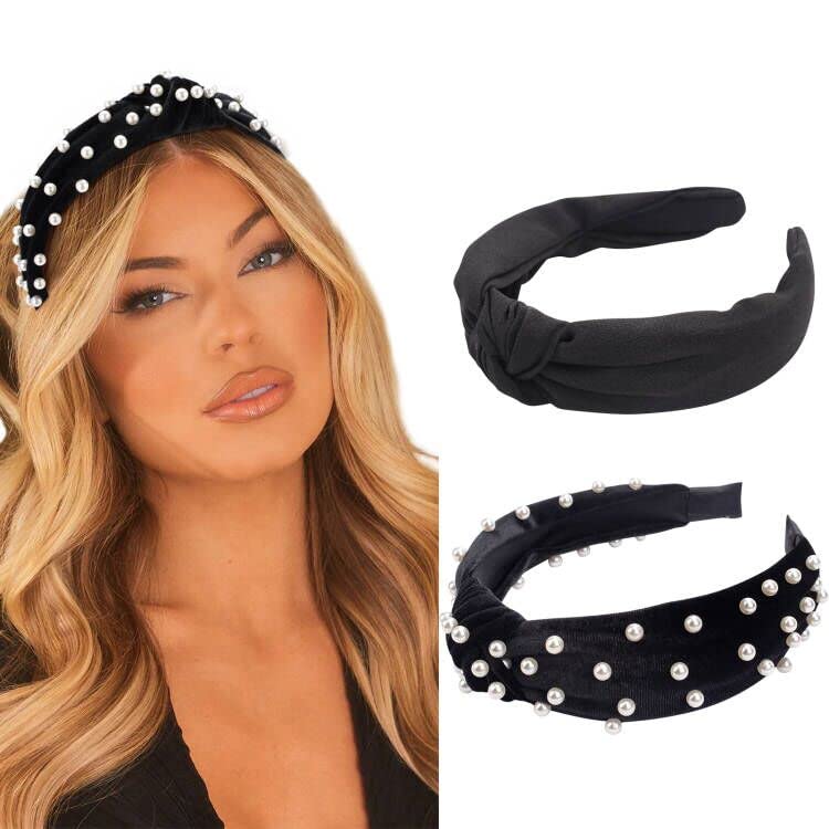KICOSY Women's Fashion Pearl Velvet Wide Knotted Headbands - Thick Hair Accessories for Short, Long, Curly & Straight Hair (Black) | Perfect for Work, Parties & Everyday Style
