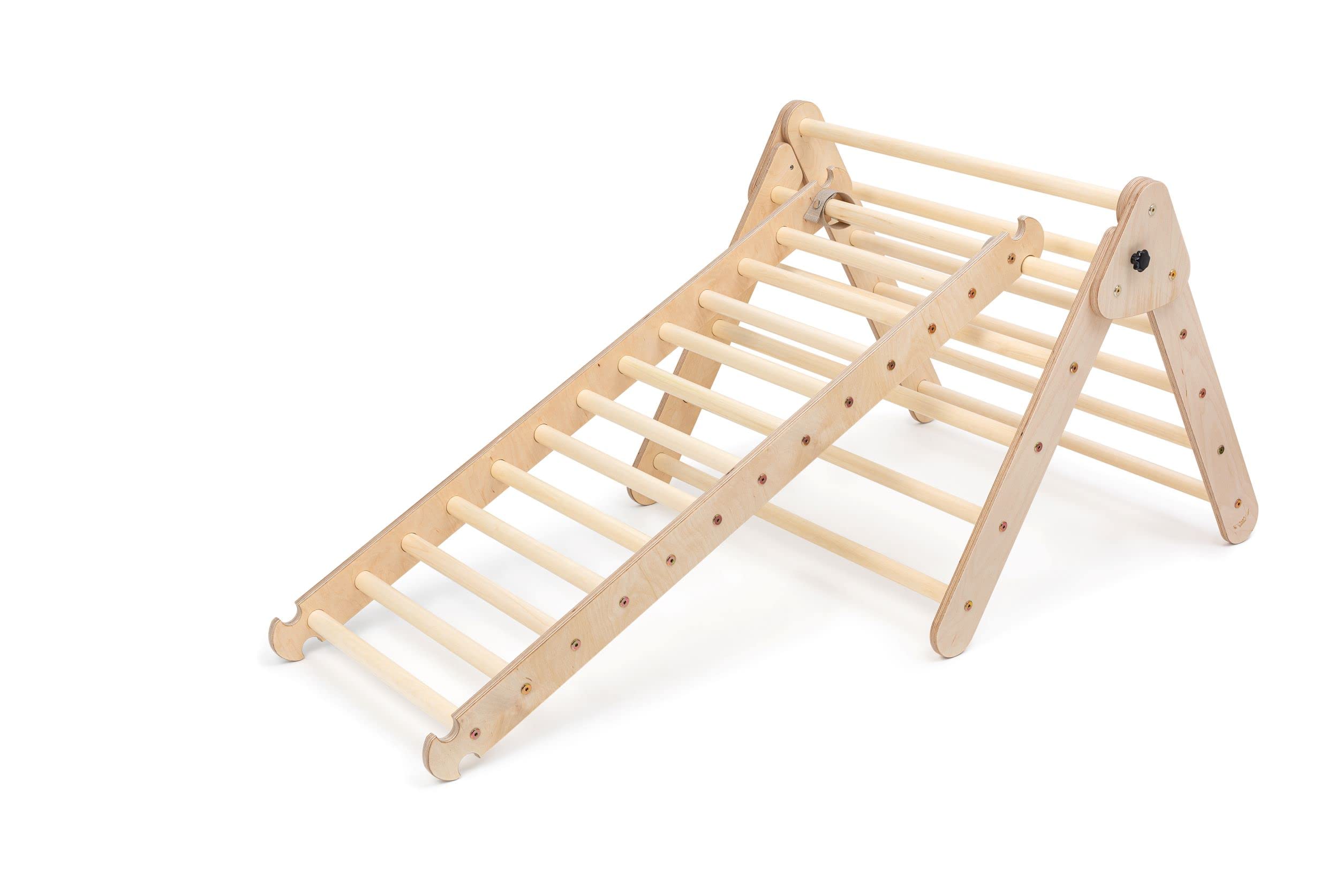 KateHaa Natural Wooden Climbing Triangle for Toddlers - Montessori Climbing Toy with Ladder & Ramp - Indoor Play Gym for Kids - Perfect for Home Playroom, Daycare & Montessori Classroom Activities