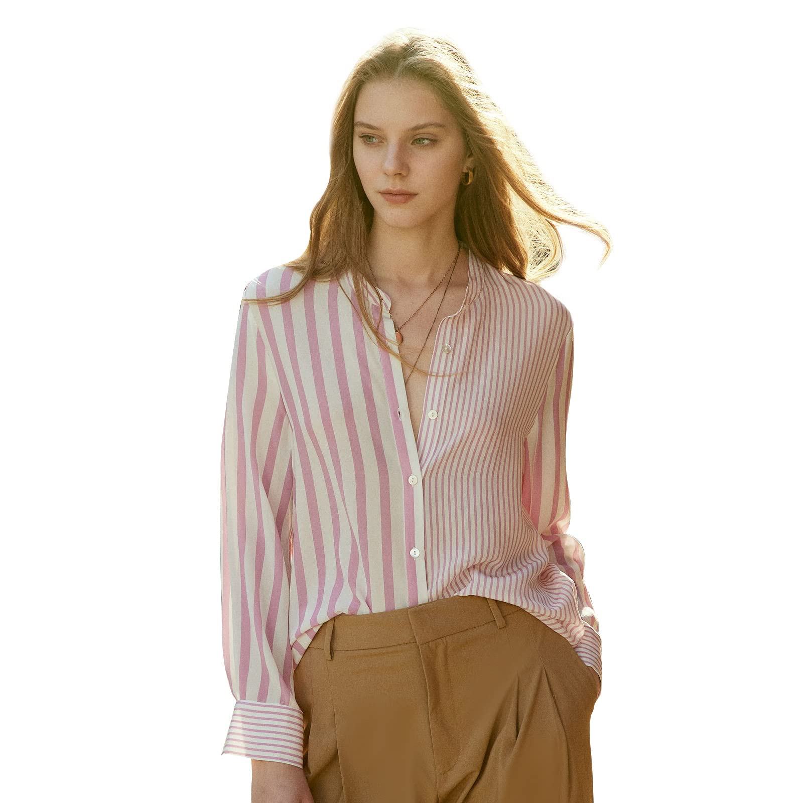 COLD POSH Women's 100% Pure Silk Blouse - Long Sleeve Button Down Shirt for Spring & Summer | Elegant Soft Classic Fit Fashion Top for Work & Casual Wear | White & Pink Striped | Perfect for Office, Date Night & Special Occasions