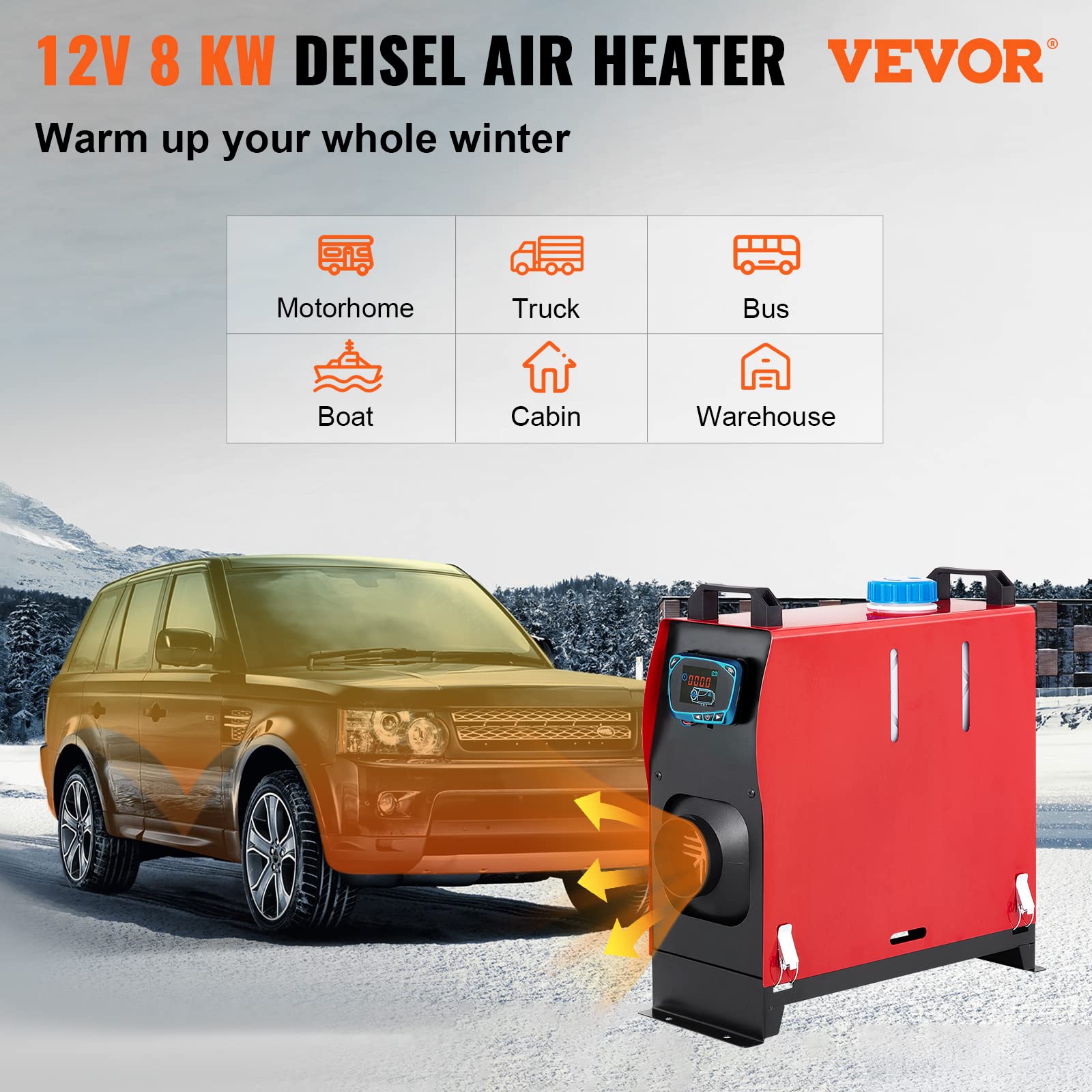 VEVOR 8KW Diesel Air Heater with Single Outlet - 12V Remote Controlled Parking Heater with Muffler & Blue LCD Switch for RVs, Trucks, Buses, Trailers - Perfect for Winter Camping, Off-Grid Living & Vehicle Heating