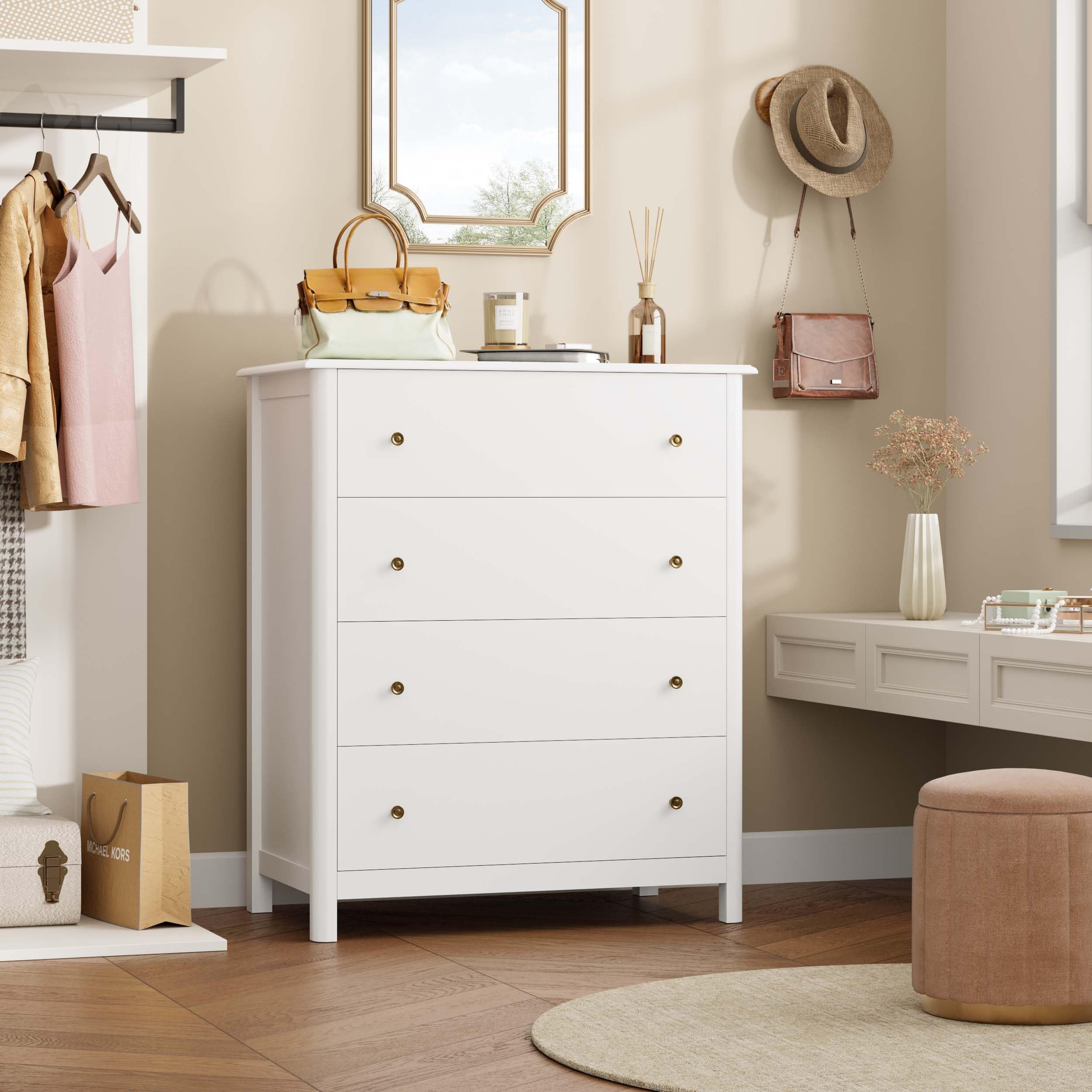 HOUSUIT White Dresser with 4 Drawers - Modern Wooden Storage Cabinet for Bedroom, Living Room, Entryway & Hallway - Ivory White Chest of Drawers for Home Organization & Decor