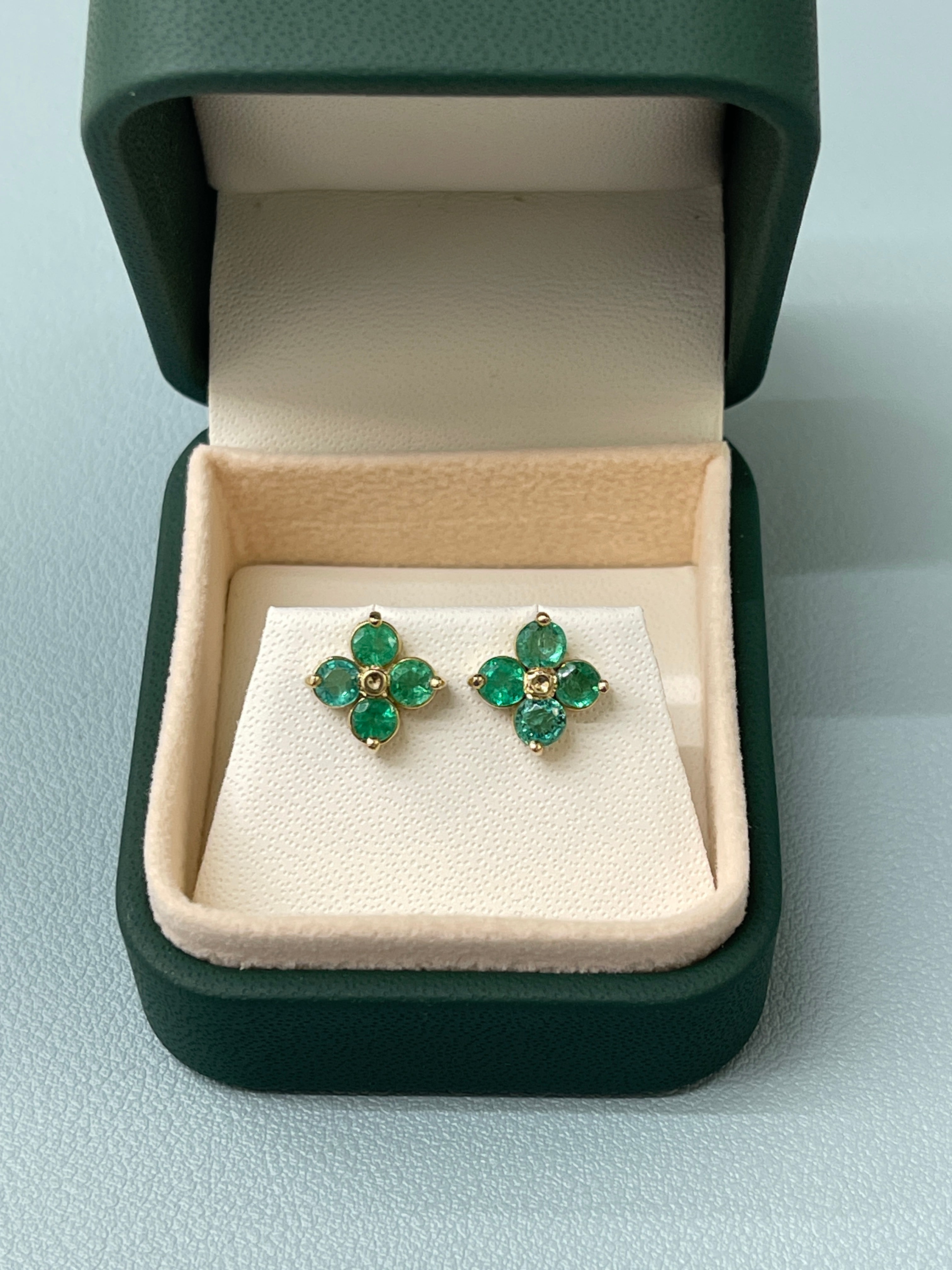 2.0tcw Round Natural Emerald Floral Stud Earrings in 14K Gold - Perfect for Weddings, Parties & Everyday Elegance