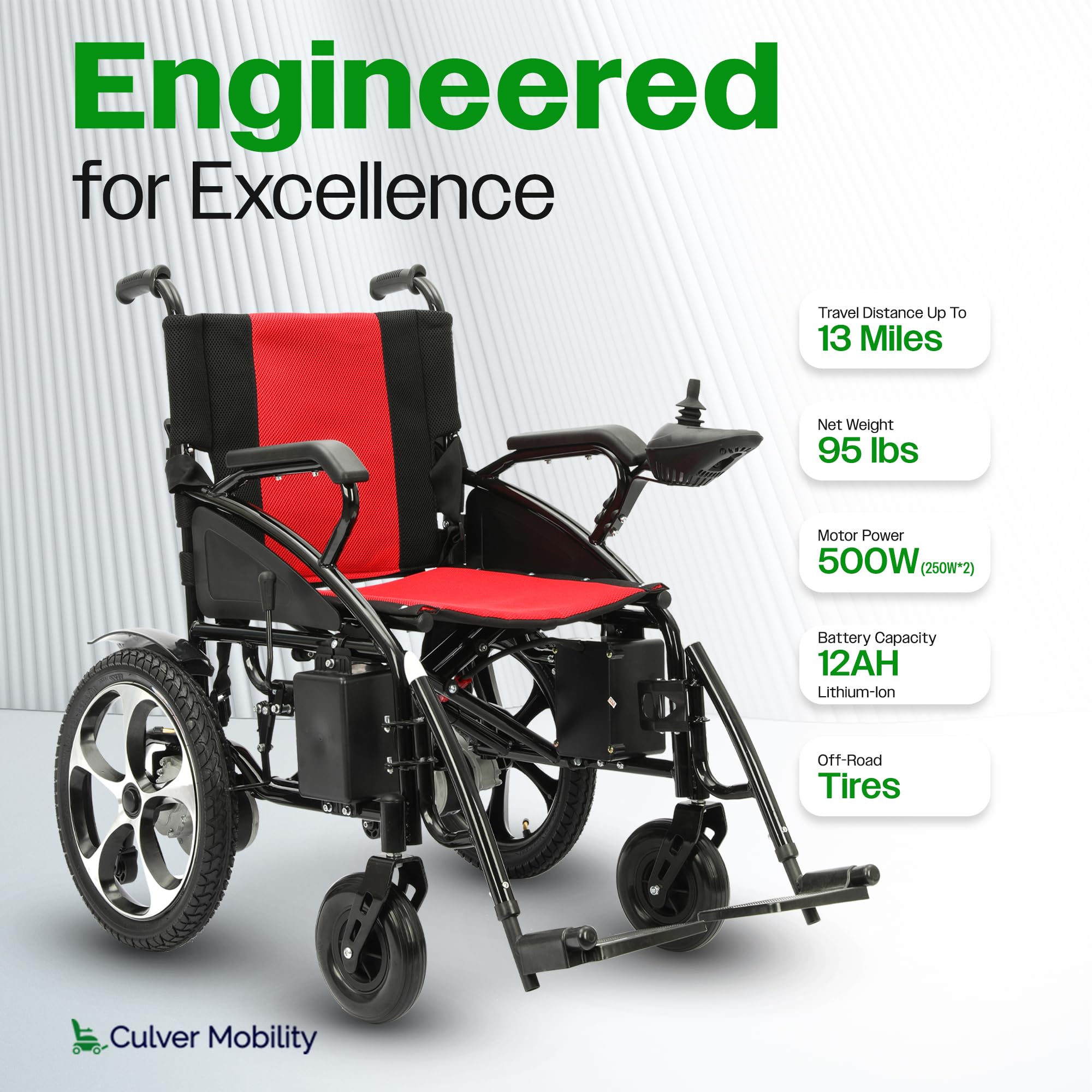 Culver Artemis Heavy Duty All-Terrain Electric Wheelchair for Adults & Seniors - 2x Motor Foldable Power Wheelchair (Red) | Ideal for Outdoor Adventures, Travel, and Daily Mobility
