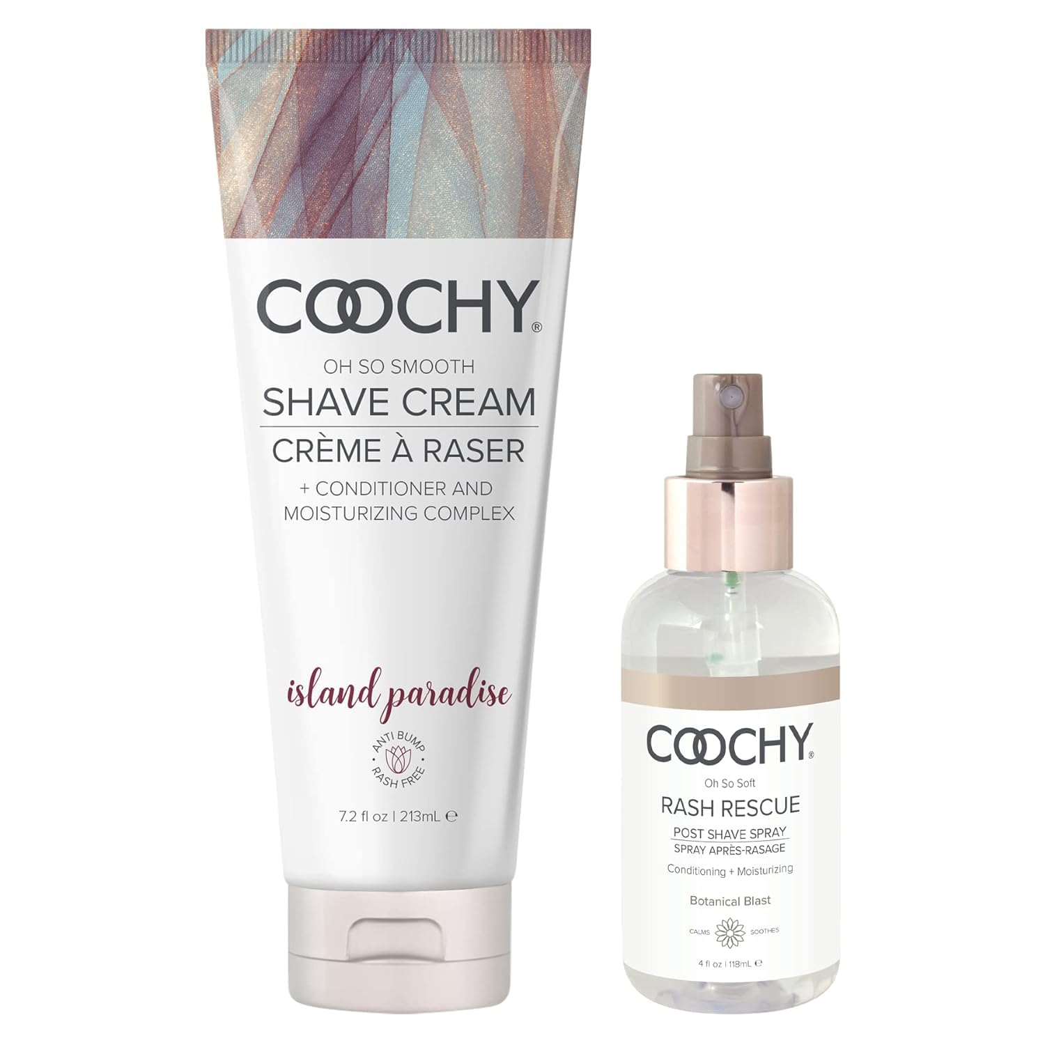 Coochy Rash-Free Shave Cream & After Shave Mist for Sensitive Skin | Anti-Bump Shaving Gel with Moisturizing Complex | Tightens Pores | Island Paradise & Botanical Blast Scent | Pack of 2 | Perfect for Smooth Legs, Bikini Line & Underarms