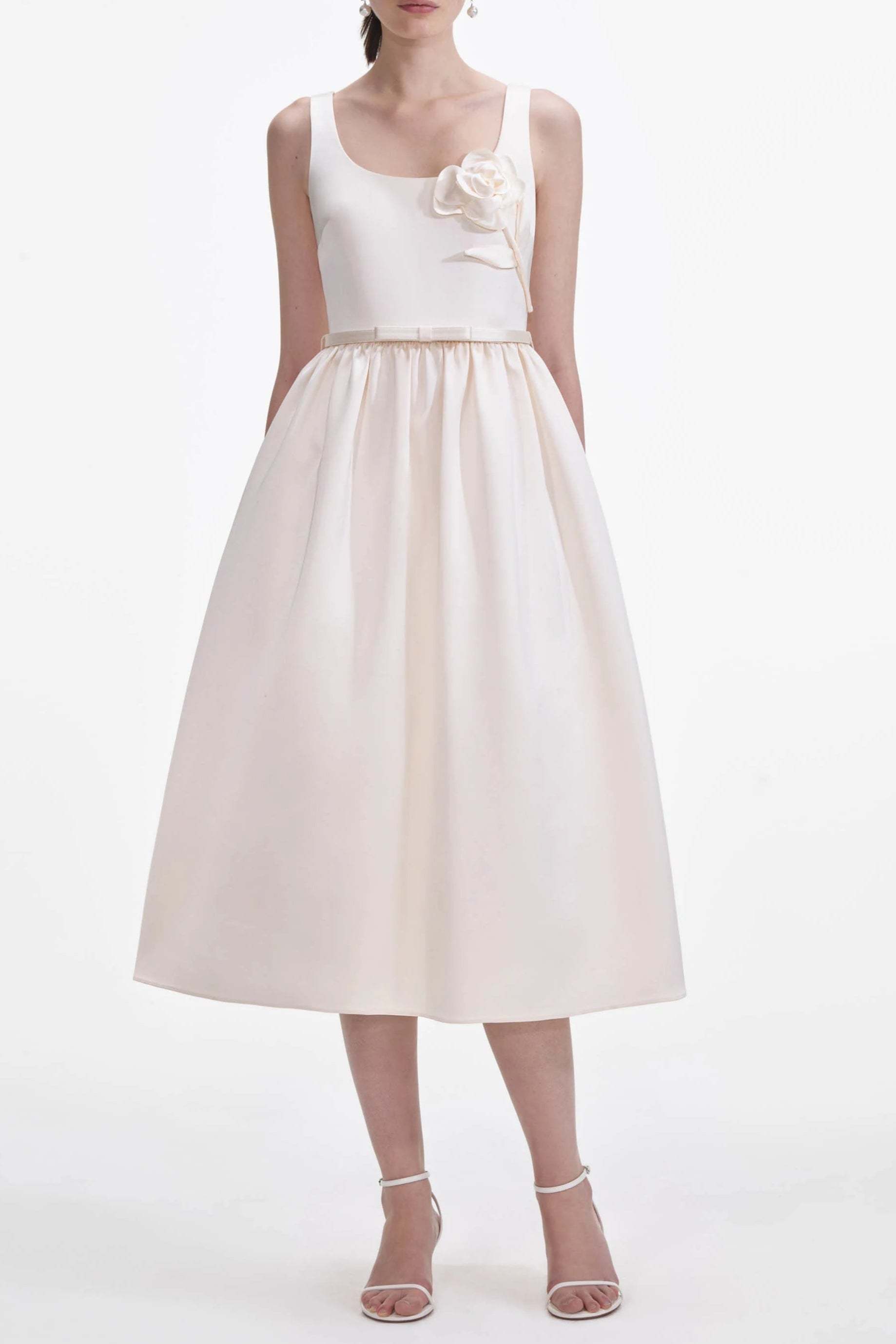 Elegant Cream Satin Floral Midi Dress for Women - Perfect for Weddings, Parties & Special Occasions