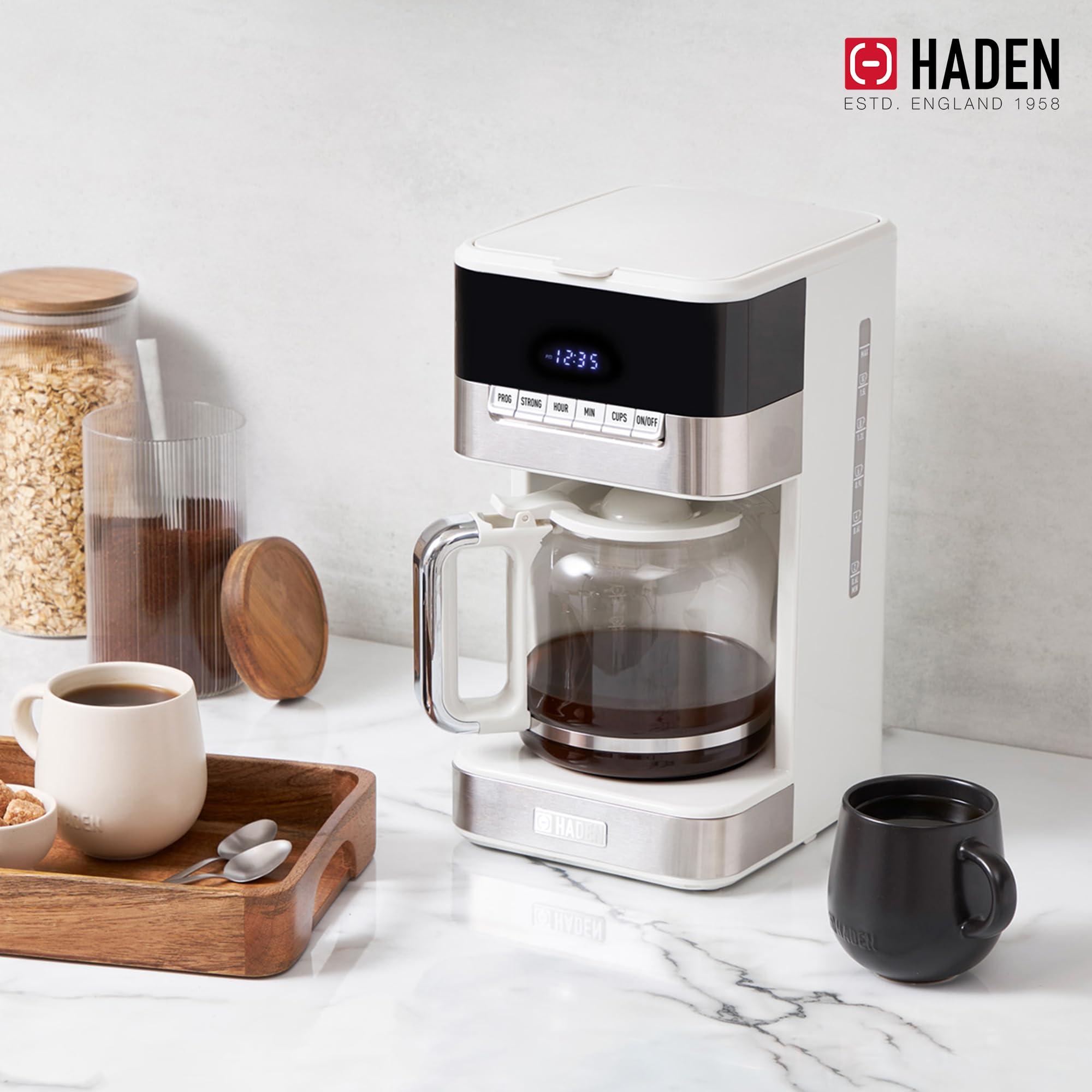 HADEN Quintessential 12 Cup Programmable Coffee Maker with 120-Minute Keep Warm, Delay Brew, Adjustable Strength & Anti-Drip - Ivory/Chrome - Perfect for Home, Office & Morning Brews