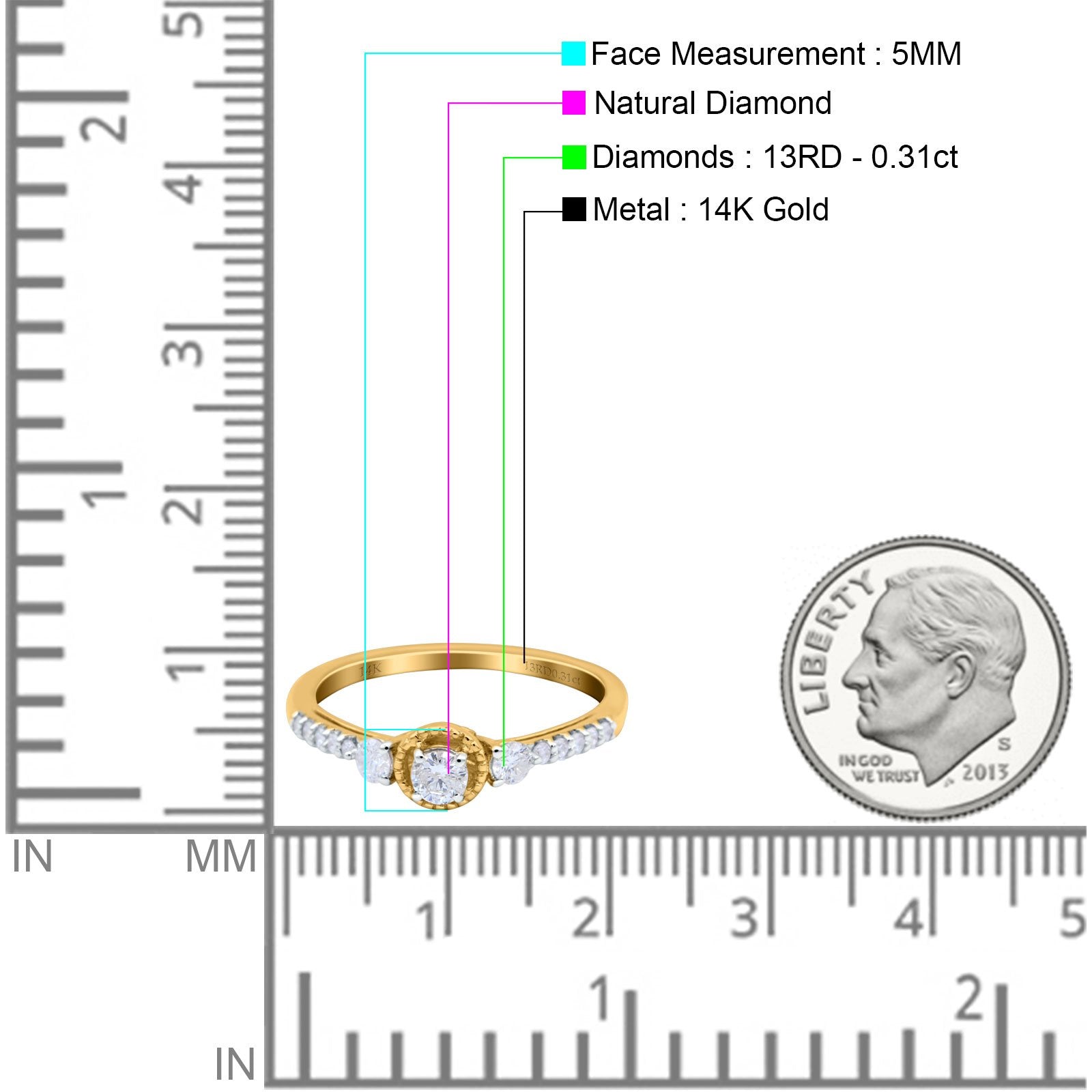 14K Gold 0.31ct Three Stone Vintage Round 5mm G SI Diamond Engagement Ring - Elegant Wedding Band for Proposals, Anniversaries & Bridal Jewelry (Perfect for Romantic Occasions & Special Celebrations)