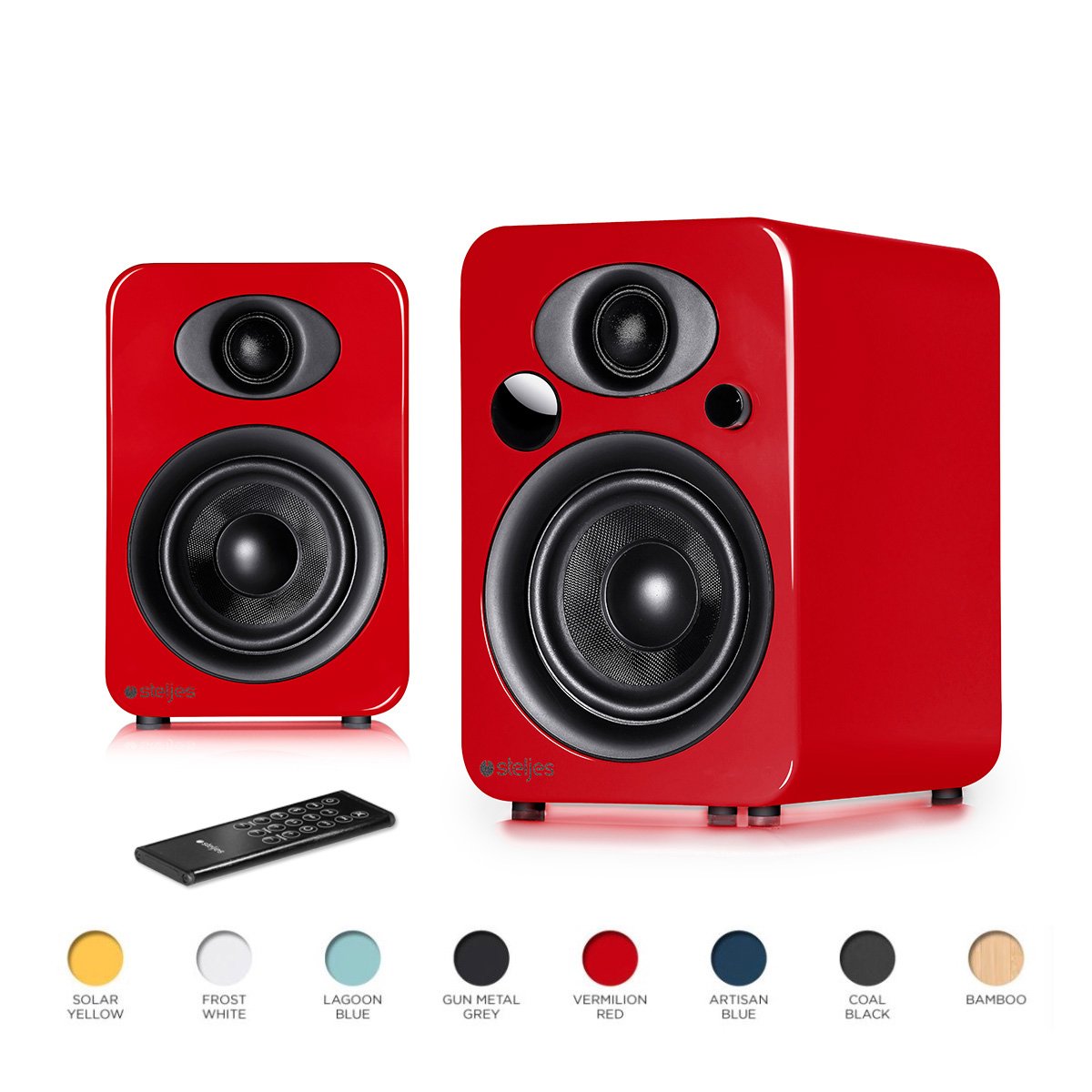 Steljes NS3 Powered Bluetooth Speakers - Wireless Stereo System with Subwoofer, British Design, iPhone Compatible (Vermilion Red) - Perfect for Home Theater, Gaming & Music Streaming