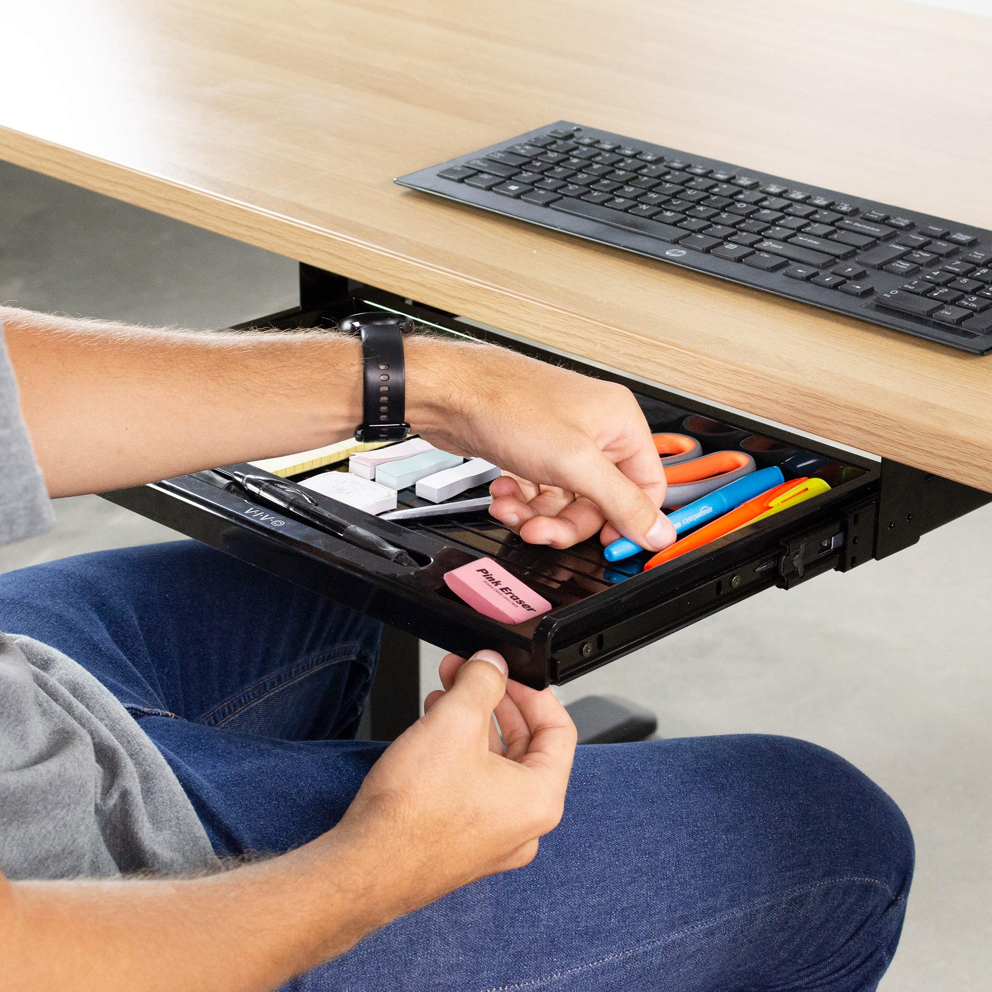 VIVO 17 Inch Under Desk Slide-Out Pencil Drawer Organizer - Slim Black Storage Tray for Home Office, Study, or Workspace - Fits Under Most Desks (Model DESK-AC04D) - Perfect for Pens, Markers, Sticky Notes & Office Supplies