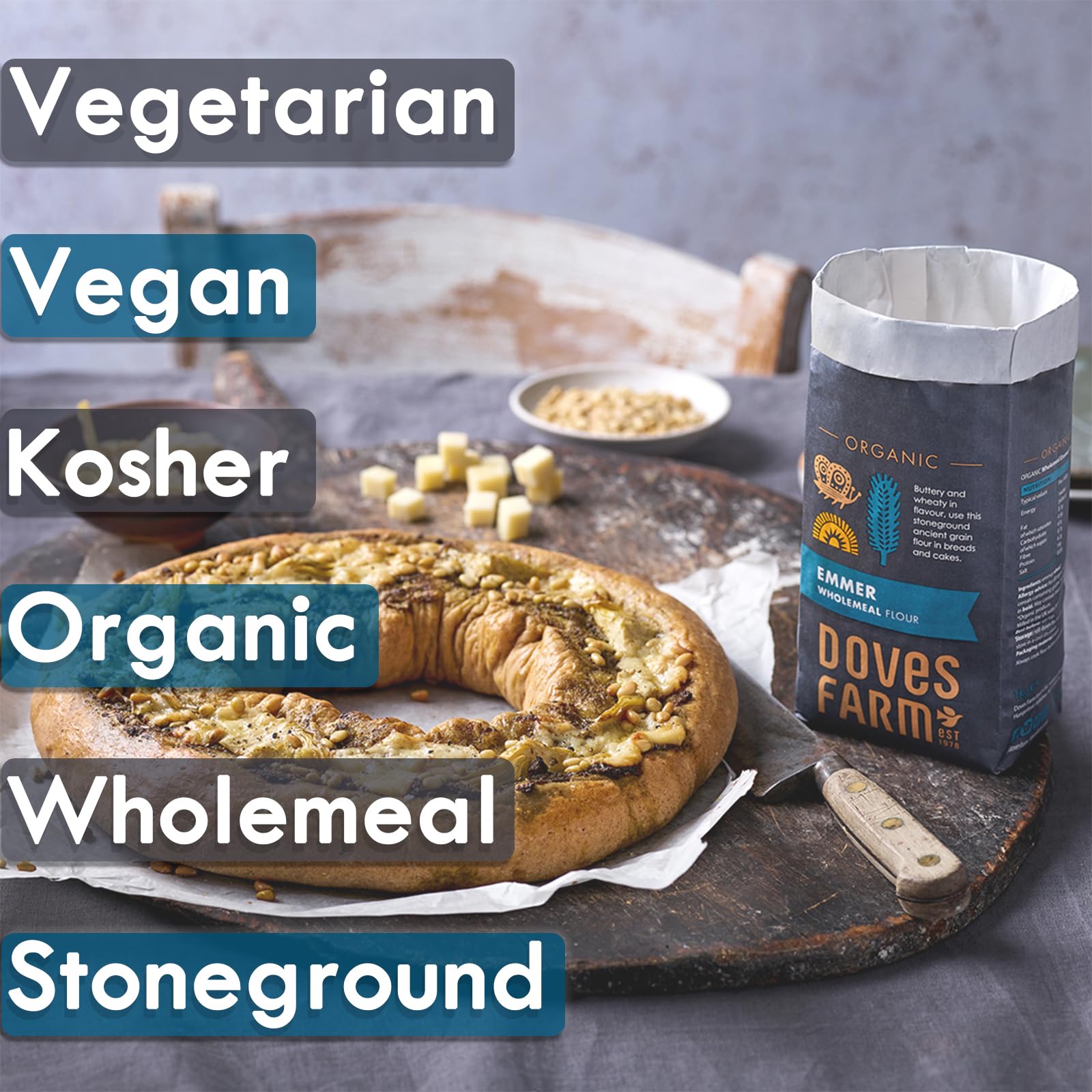 Organic Emmer Wholemeal Flour by Doves Farm | Stoneground Whole Wheat Flour for Bread & Cake Baking | High in Fiber & Protein | Traditional British Flour | Kosher & Vegan Certified | 35.27 Oz (1kg) | Perfect for Artisan Bread, Sourdough, Muffins & Healthy Baking
