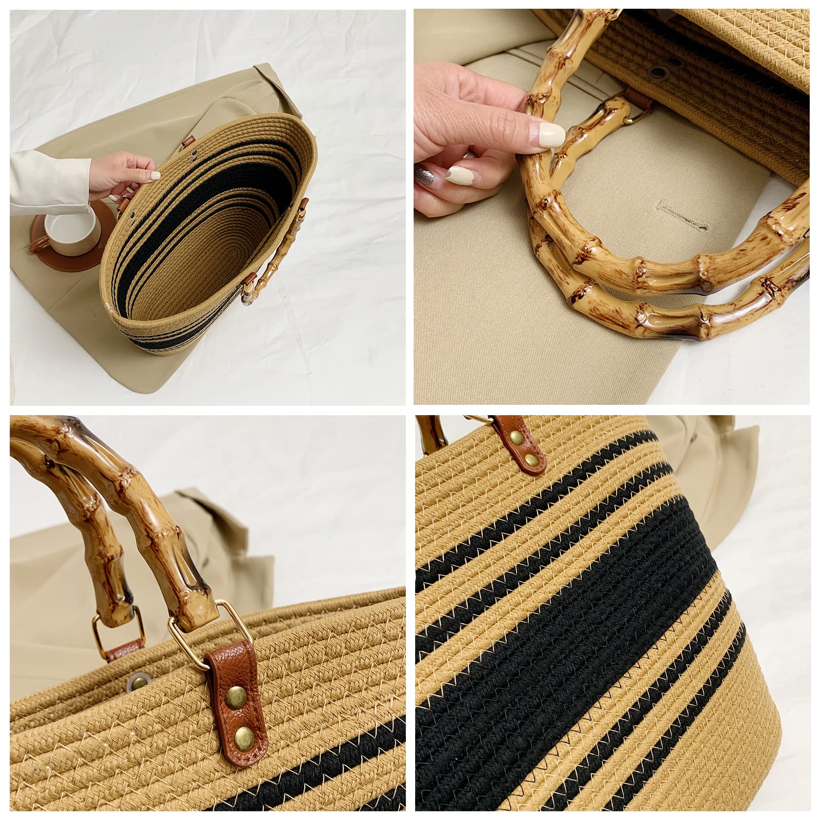 Straw Beach Tote Bag for Women - Eco-Friendly Woven Handbag with Bamboo Handles - Perfect for Summer Vacation, Pool Party & Beach Accessories