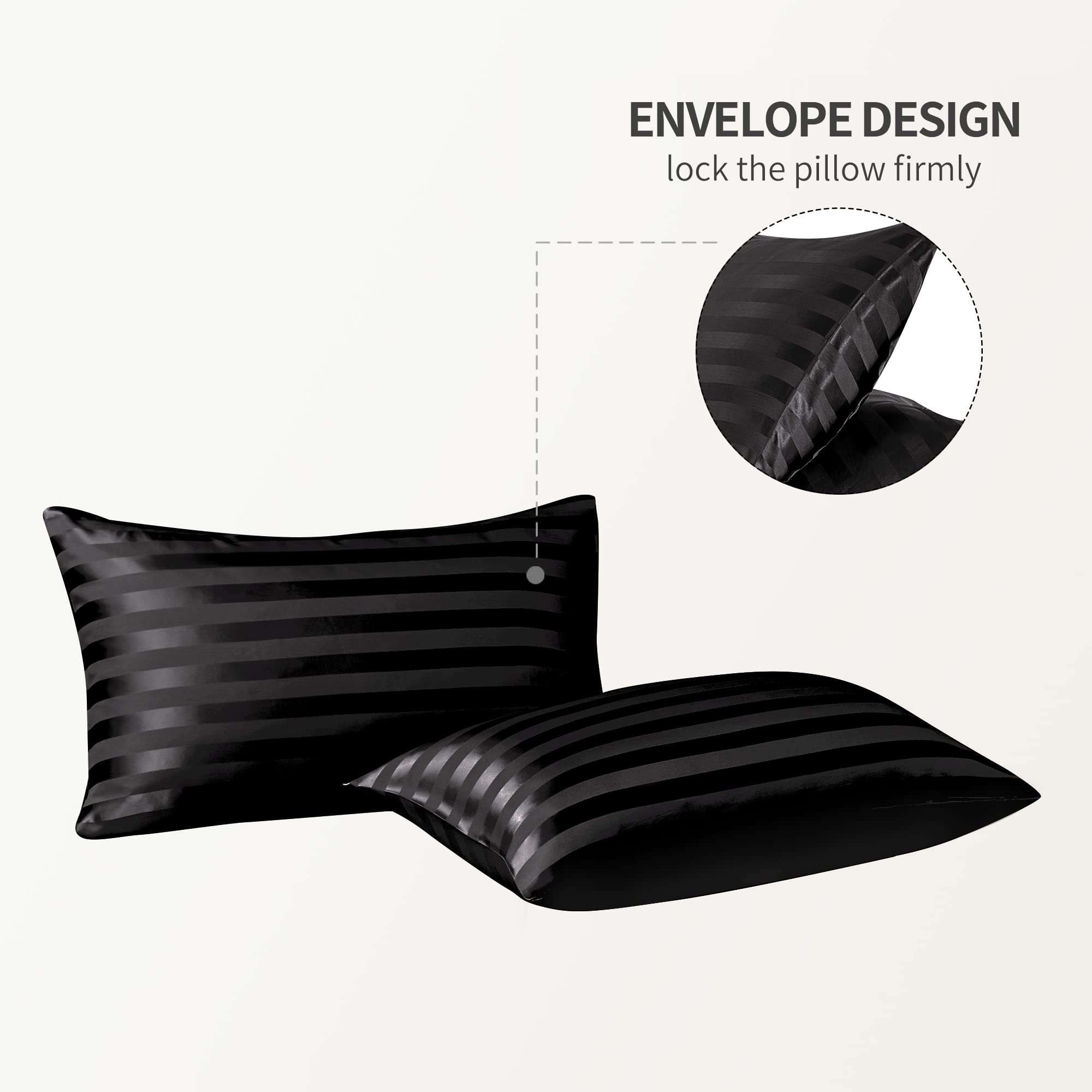 Candoury 6-Piece Queen Size Satin Bedding Set - Soft Silky Pillowcases, Flat & Fitted Sheets - Hypoallergenic Stain Resistant Black Striped Bed Sheets for Luxurious Sleep & Hotel-Style Comfort