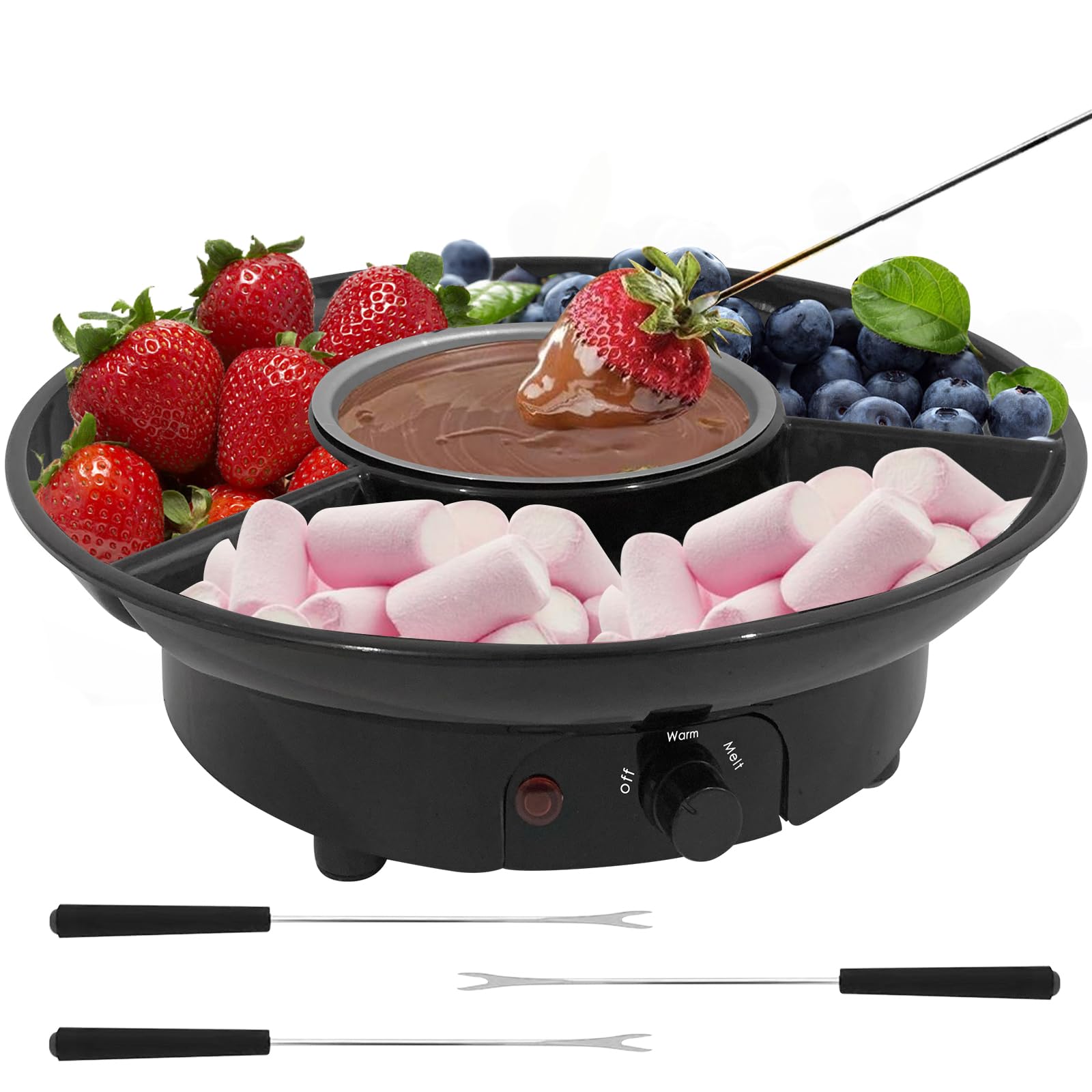 Electric Fondue Pot Set for Chocolate & Cheese - 9oz Detachable Bowl with Temperature Control & 6 Dipping Forks - Perfect for Romantic Date Nights, Movie Nights & Game Nights - Ideal Gift for Couples & Families (Black)