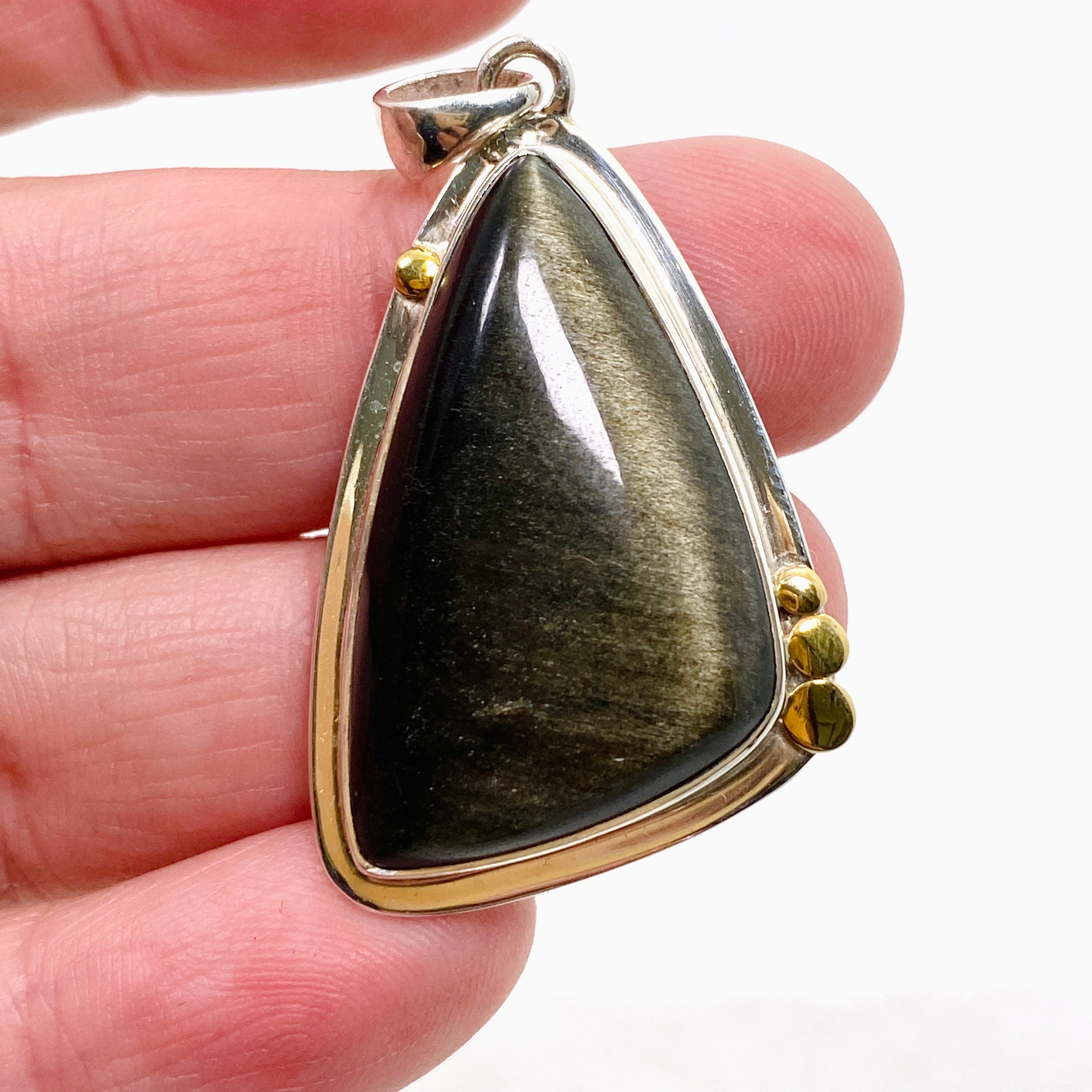 Goldsheen Obsidian Freeform Cabochon Pendant - Handcrafted Silver Jewelry with Decorative Setting KPGJ4762 | Perfect for Meditation, Energy Healing & Boho Fashion