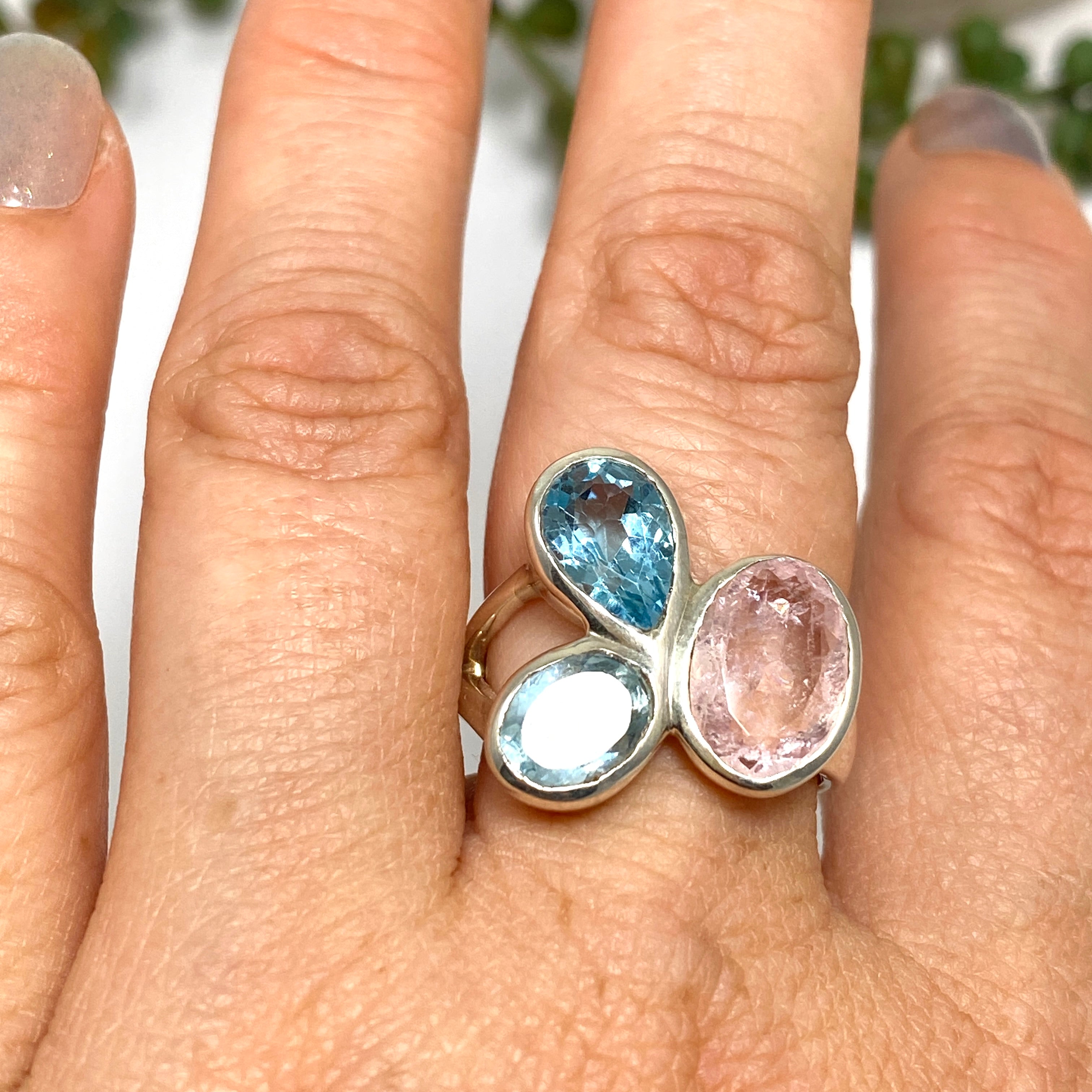 Morganite and Blue Topaz Multi-Stone Faceted Ring Size 8 - Elegant Birthstone Jewelry for Women, Perfect for Weddings, Anniversaries & Special Occasions