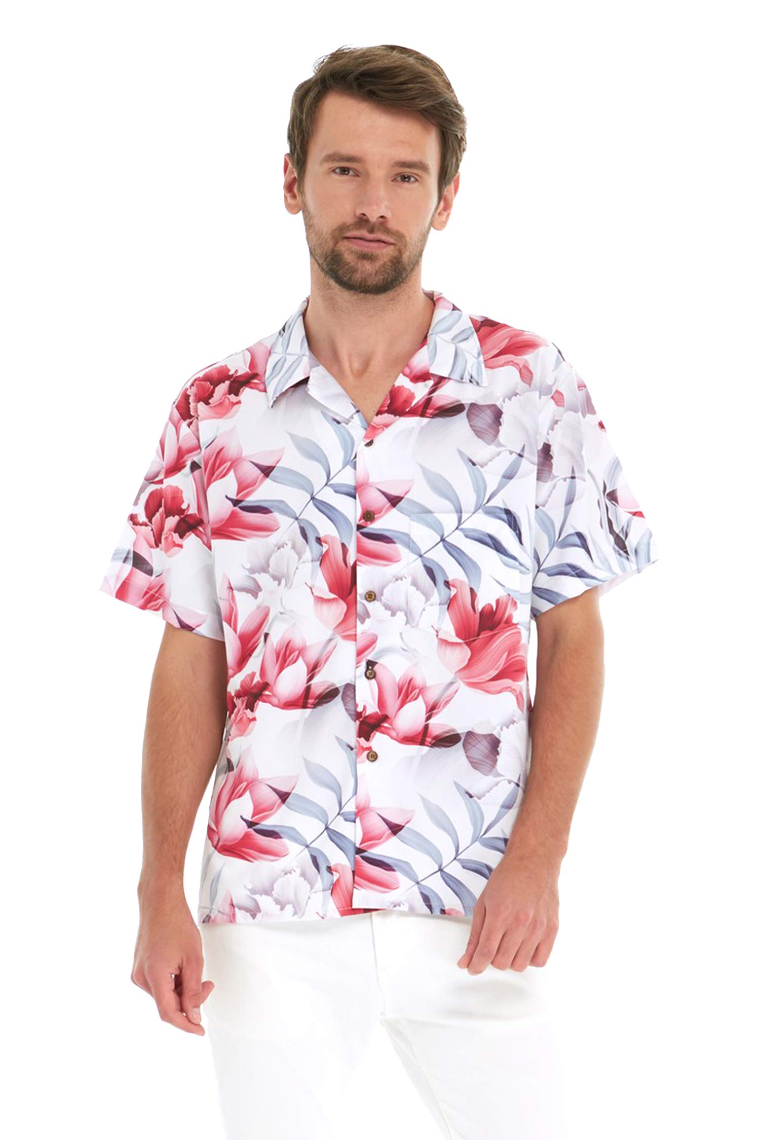 Stylish Matching Couple Hawaiian Luau Shirts & Mermaid Ruffle Dresses in Misty Lotus White - Perfect for Beach Vacations, Summer Parties & Tropical Getaways