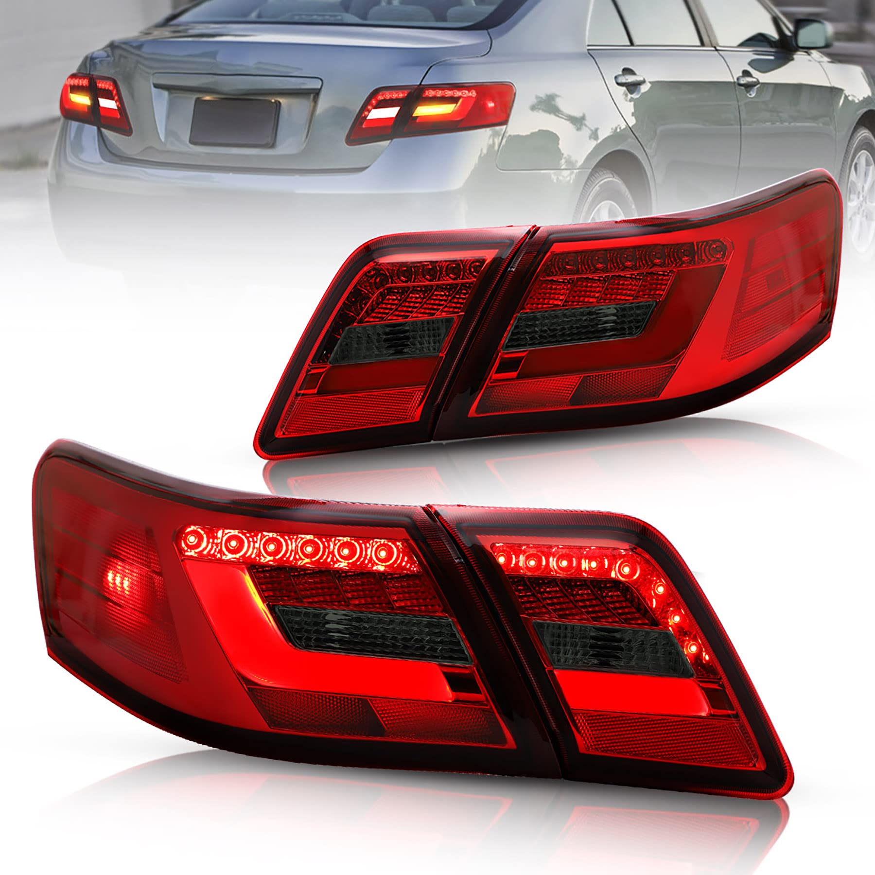 VLAND LED Tail Lights for Toyota Camry 2007-2011 - 3D Light Bar Design, Red Smoke Lens (Excludes LE & Hybrid Models) | Direct Replacement for Factory LED Rear Lights | Perfect for Night Driving & Car Customization