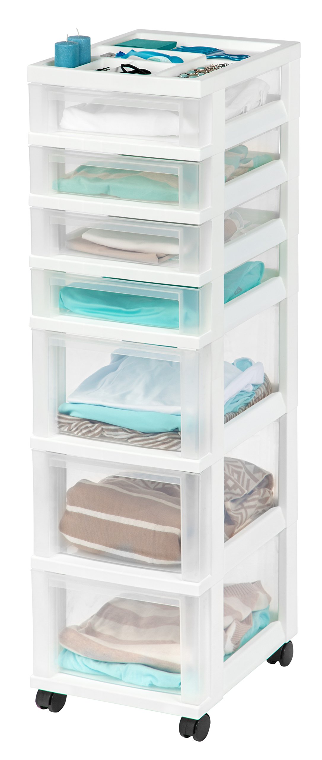 IRIS USA 7-Drawer Rolling Storage Cart with Wheels - White/Clear Plastic Organizer for Classroom, Craft Supplies, Bedroom, Bathroom & Laundry Room | Perfect for Dorm, Closet & Home Organization