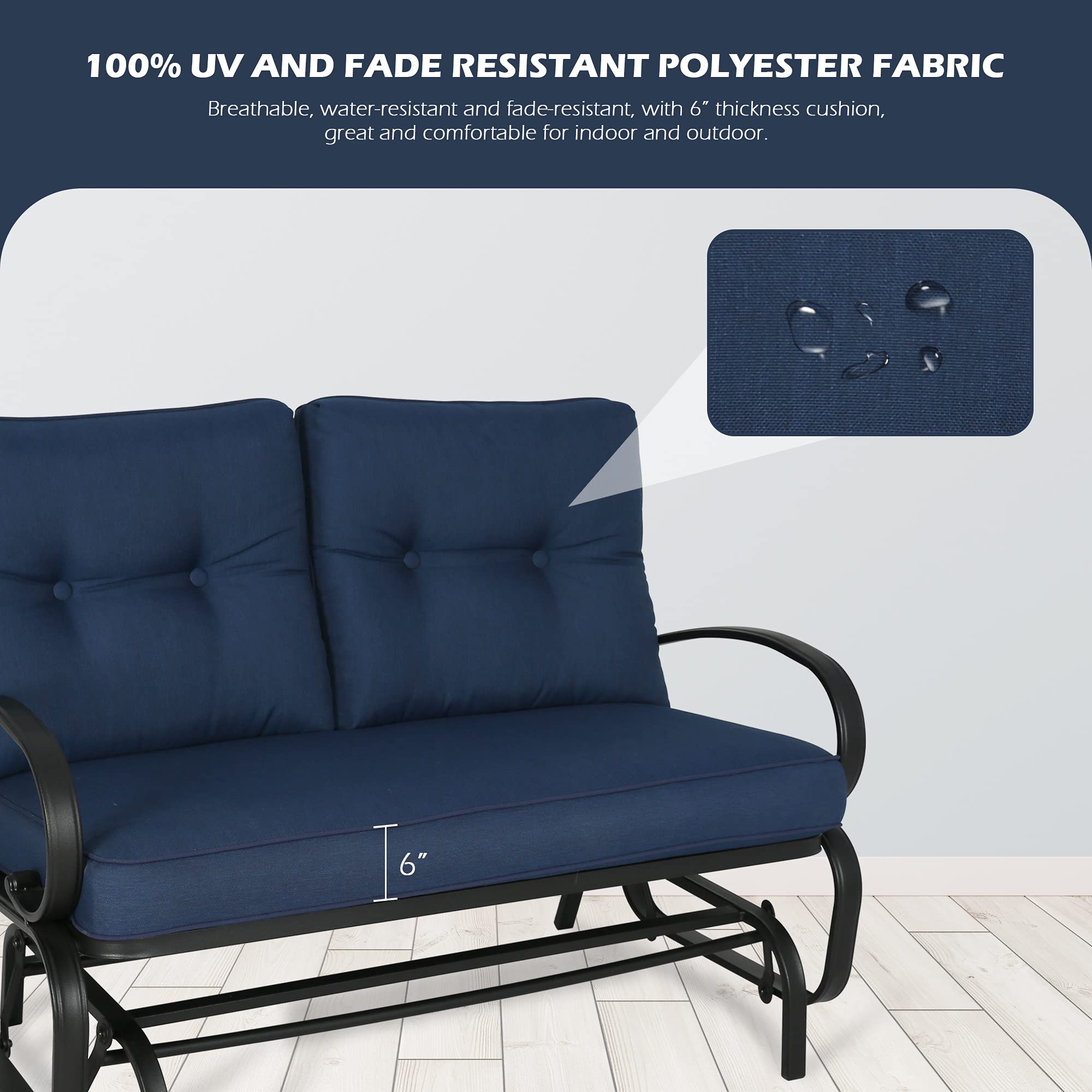 Ulax Outdoor Loveseat Patio Swing Glider Bench Chair with 100% Olefin Cushion - Navy Blue Weather-Resistant Furniture for Garden, Backyard, Porch & Deck Relaxation