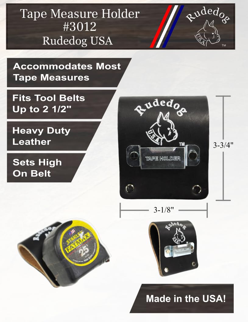 Rudedog USA #3012 - Heavy Duty Tape Measure Holder with High Mount, Durable Belt Clip for Carpenters, Electricians & Construction Workers - Perfect for Tool Belts & Workwear Accessories
