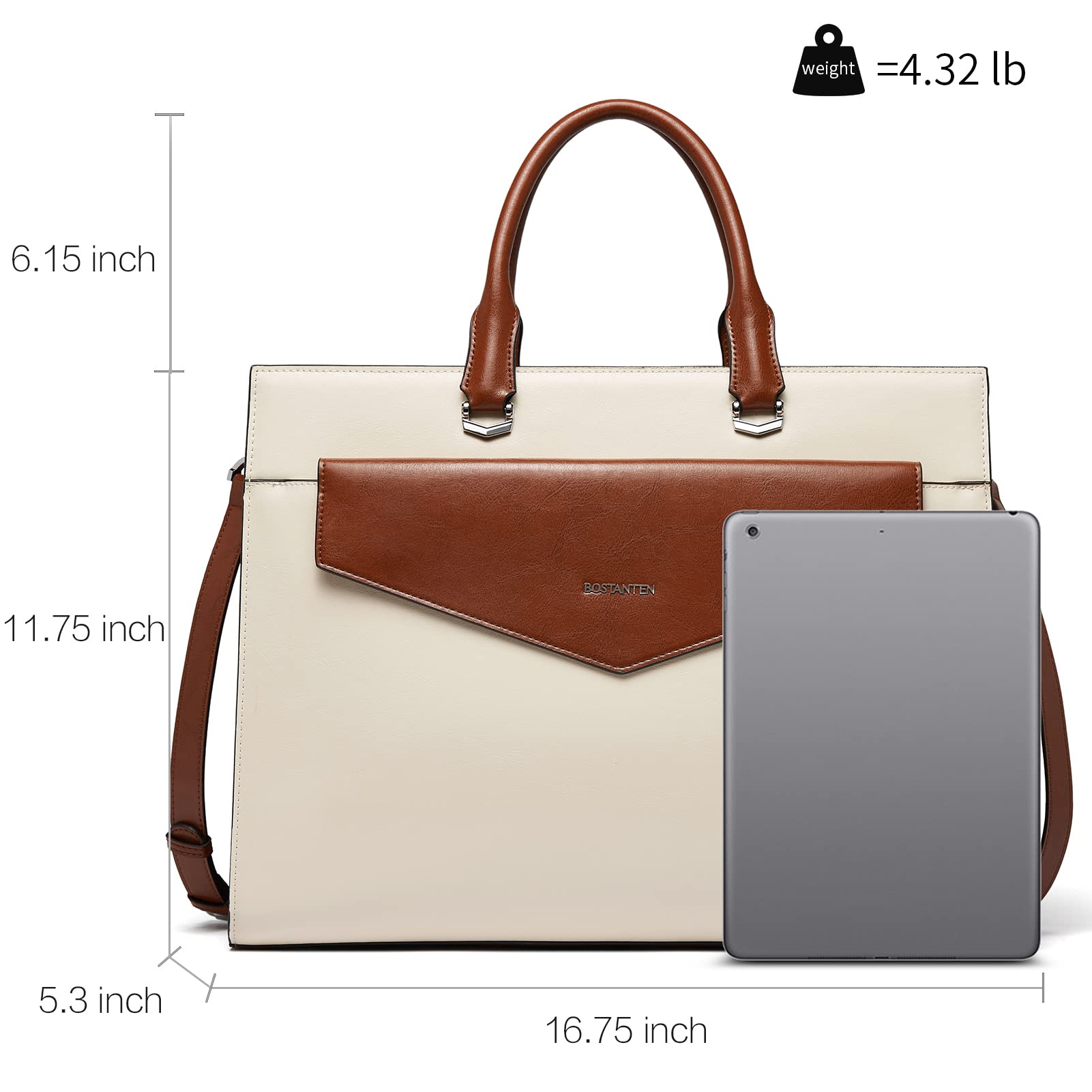 BOSTANTEN Women's Genuine Leather Laptop Tote Bag - 15.6 Inch Professional Work Briefcase Handbag in Beige - Perfect for Office, Business Travel & Daily Commute
