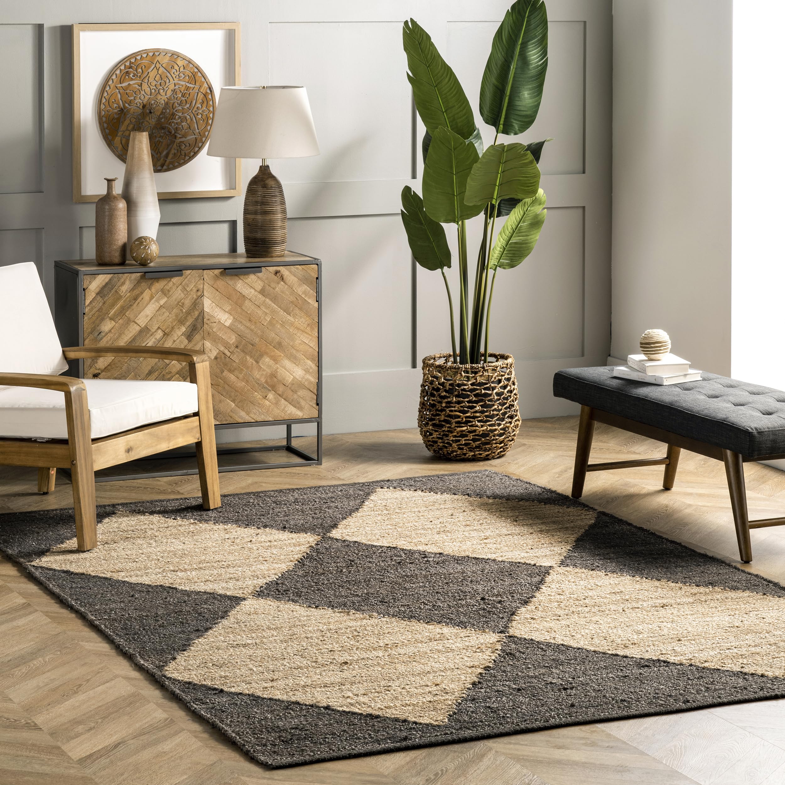 nuLOOM Pandora Diamond Jute Area Rug 6x9 Feet, Black & Ivory Bohemian Style - Perfect for Dining Room, Living Room, Kitchen & Bedroom Decor | Eco-Friendly Natural Fiber Floor Mat
