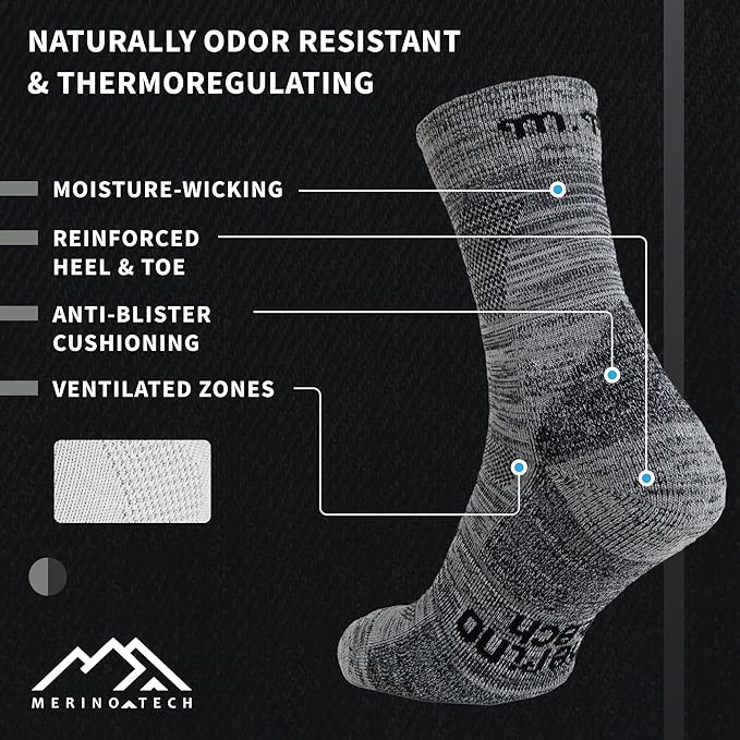 Premium Merino Wool Hiking Socks for Men & Women - Moisture Wicking, Temperature Regulating, Odor Resistant (2-Pack, Heathered Cloud) - Perfect for Backpacking, Trekking & Outdoor Adventures