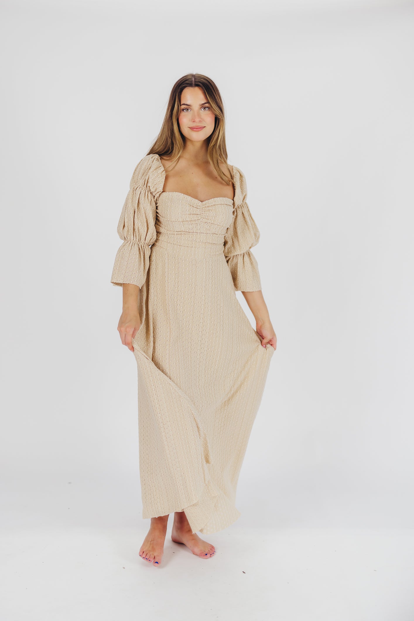 Corrine Tiered Sleeve Maxi Dress with Pockets - Bump Friendly Maternity Dress in Beige | Perfect for Pregnancy, Nursing, and Special Occasions