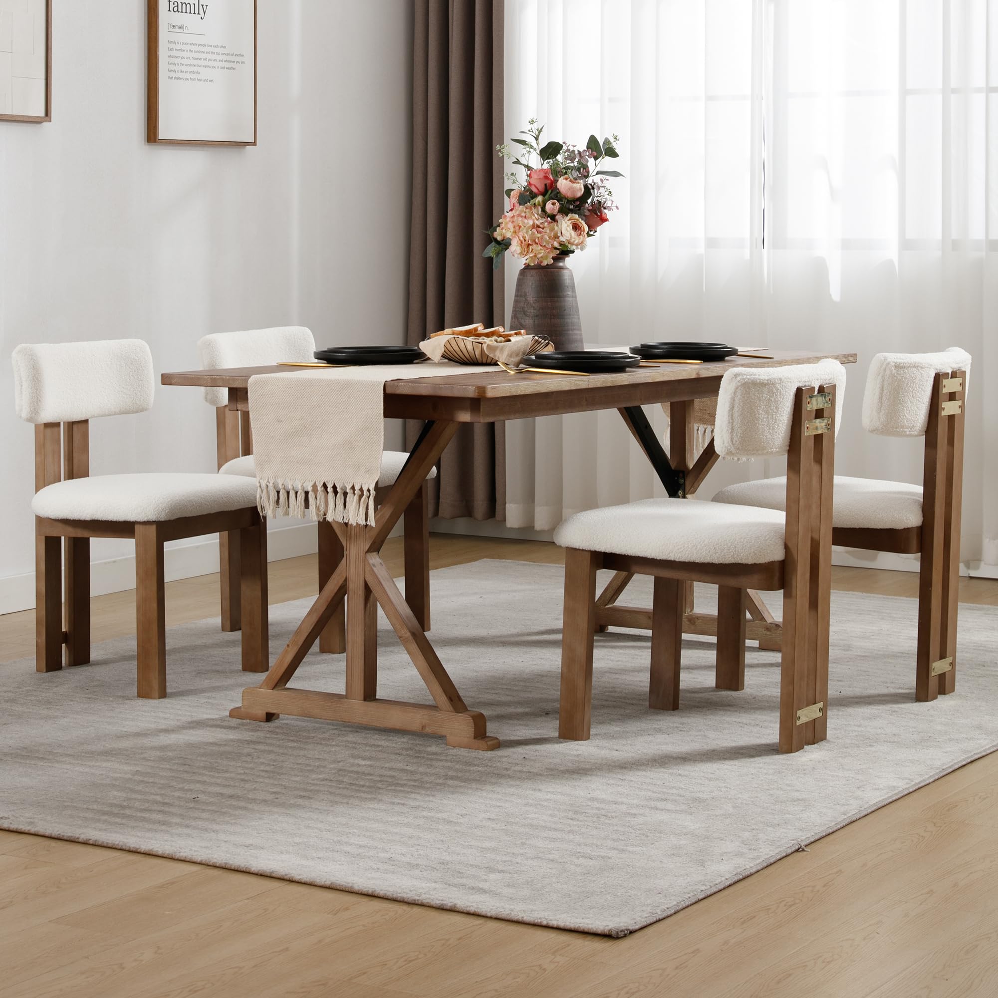 Boucle Dining Chairs Set of 2 - Farmhouse Fabric Kitchen Chairs with Natural Hardwood Legs, Armless Upholstered Accent Chairs for Dining Room, Living Room & Office - White Modern Home Decor