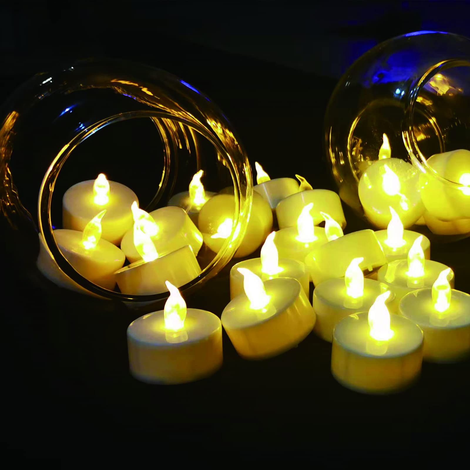 24 Pack LED Tea Lights - Battery Operated Flameless Candles with Realistic Flickering Effect, Warm Yellow Decorative Lights for Wedding, Party, Home Decor & Centerpieces
