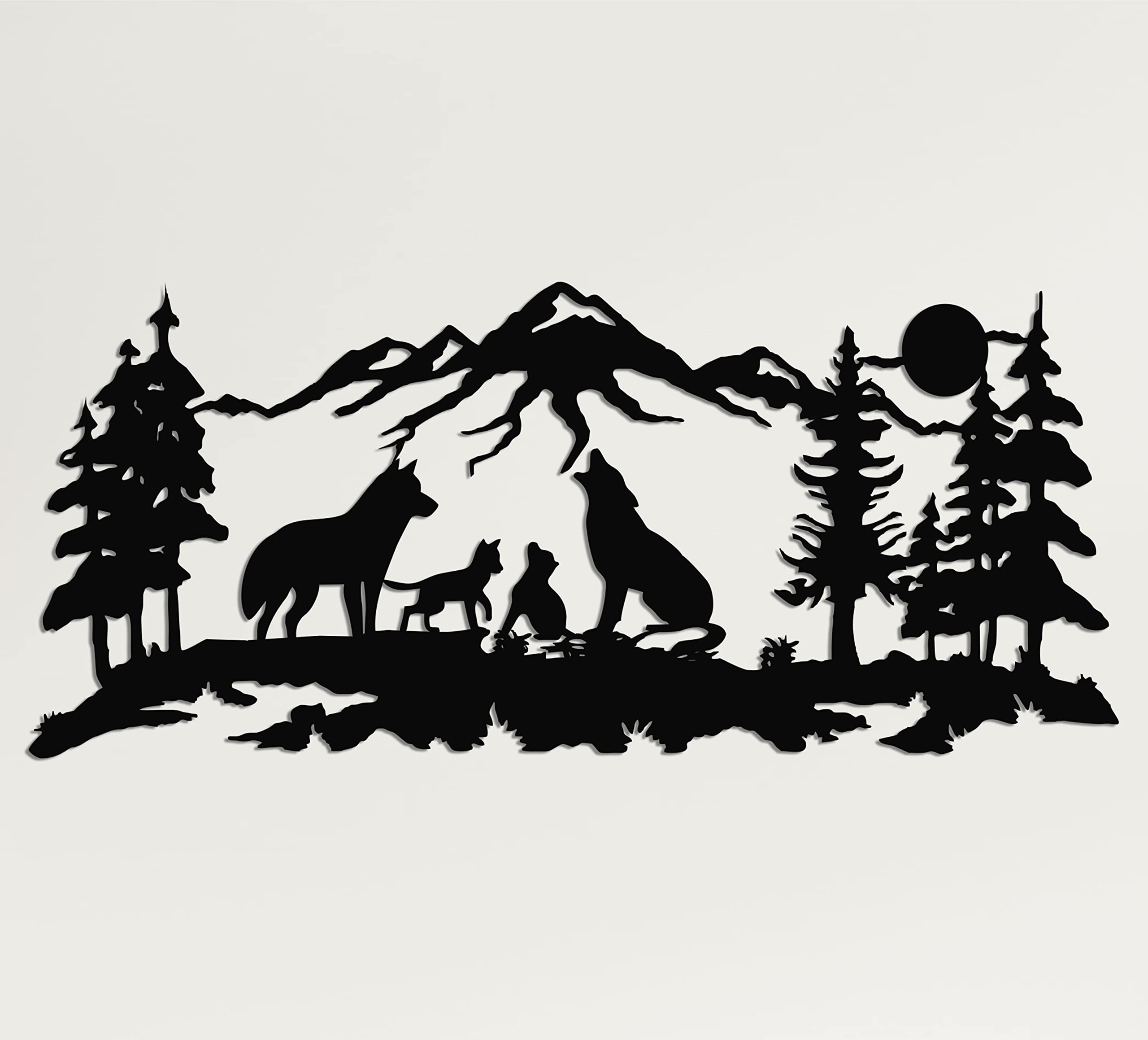 DEKADRON Metal Wall Art - Wolf Family & Nature Scene with Mountains & Trees - 30